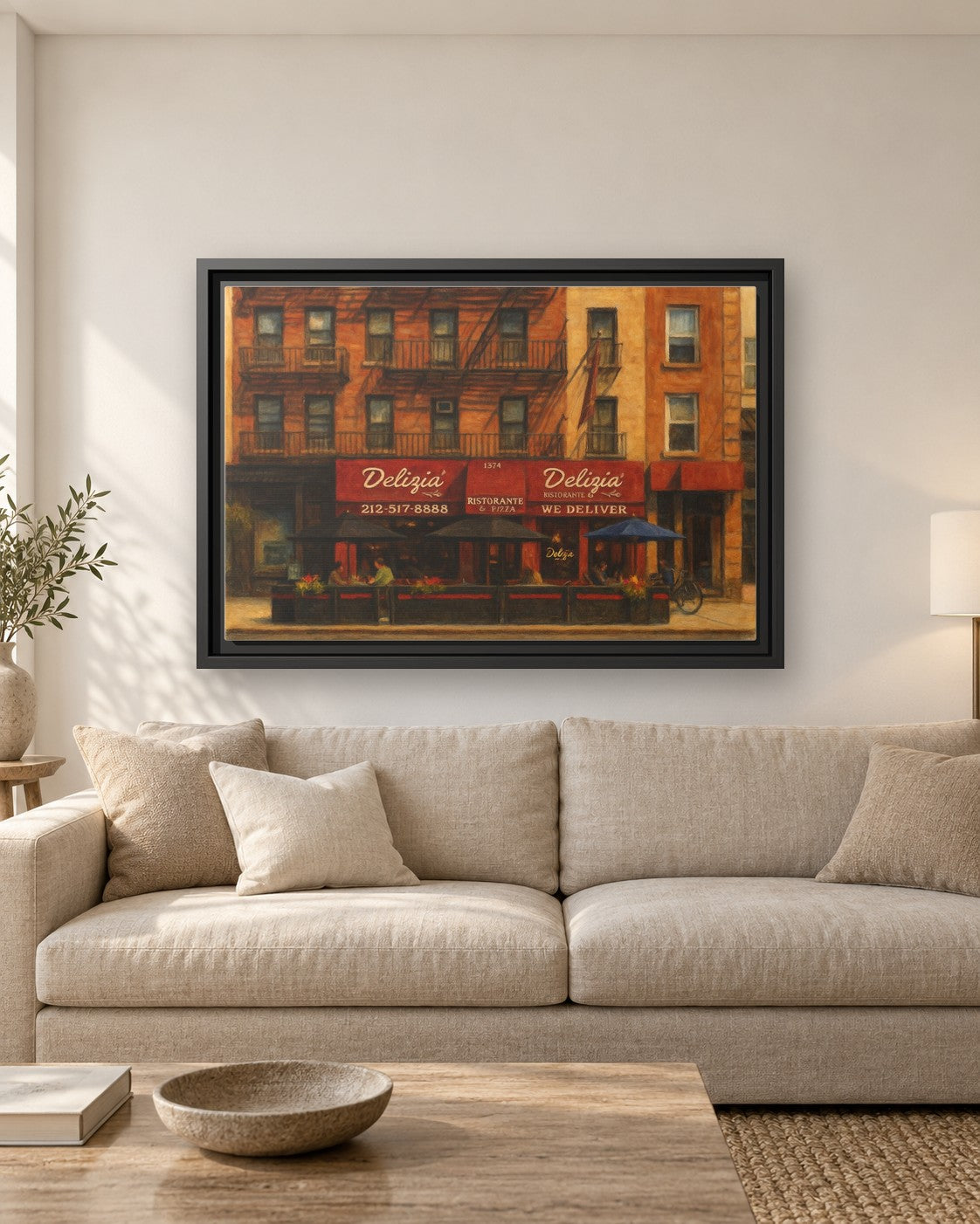 Delizia Pizza framed canvas print hanging above a sofa