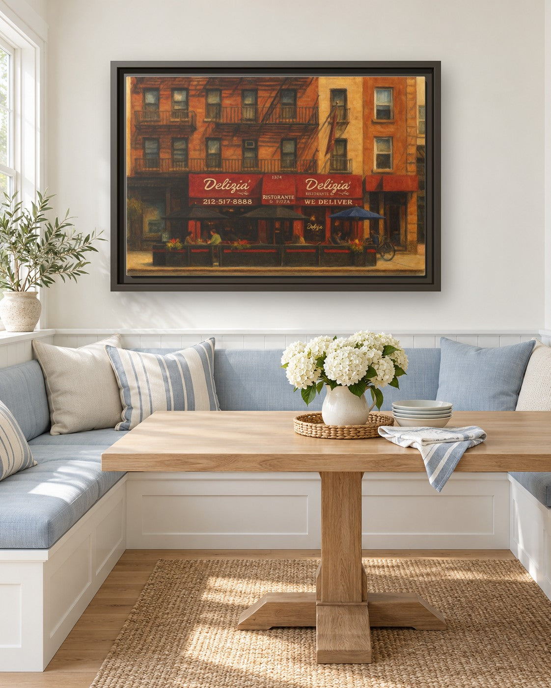 Delizia Pizza framed canvas print in a breakfast nook