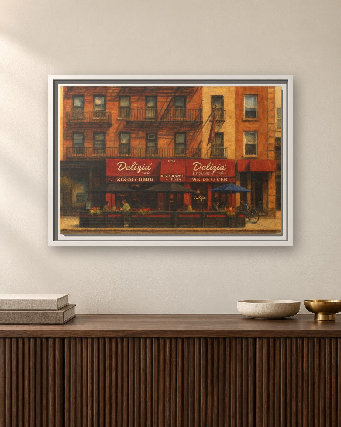 Delizia Pizza framed canvas print hanging above a sideboard