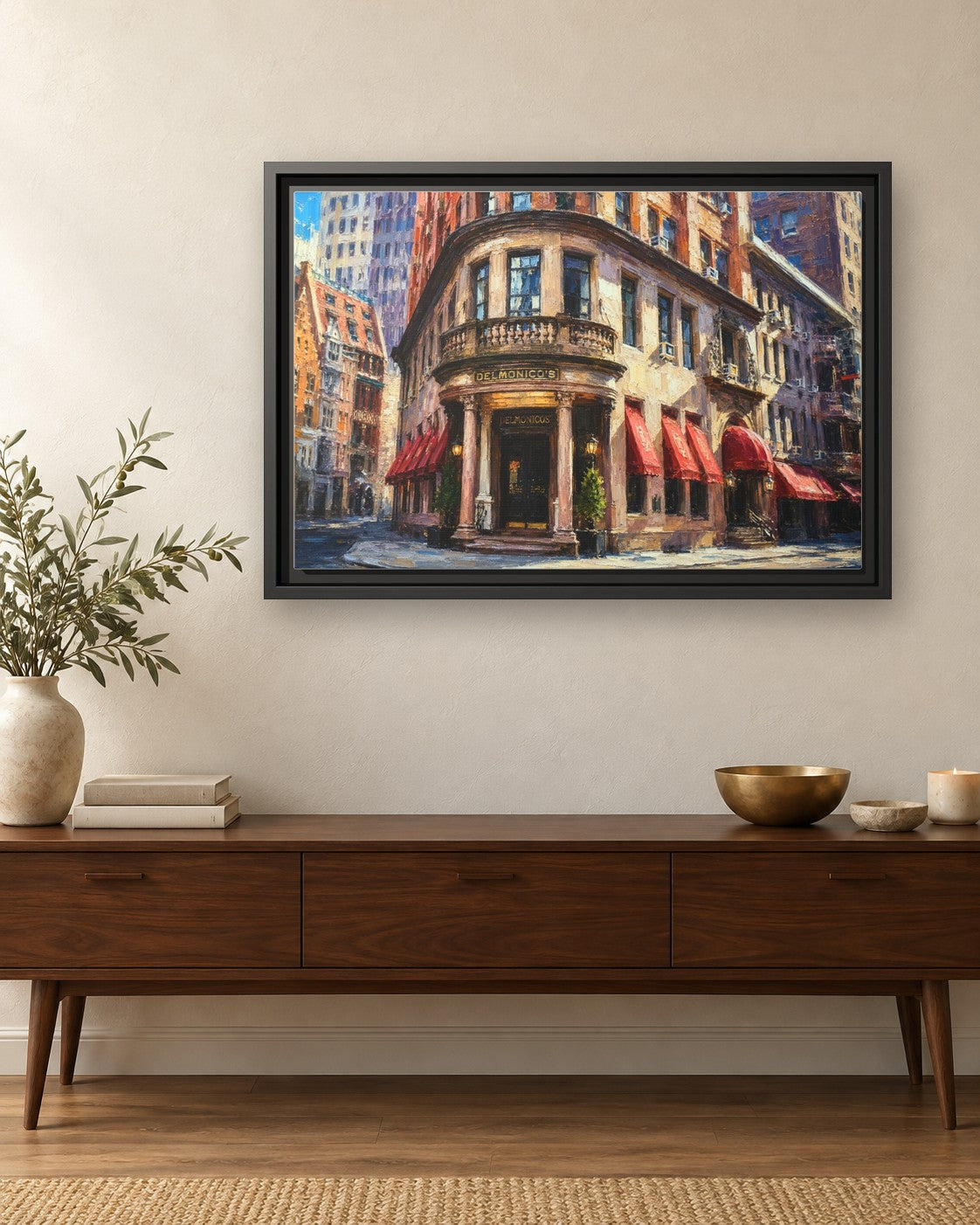 Delmonico's framed canvas print hanging above a credenza