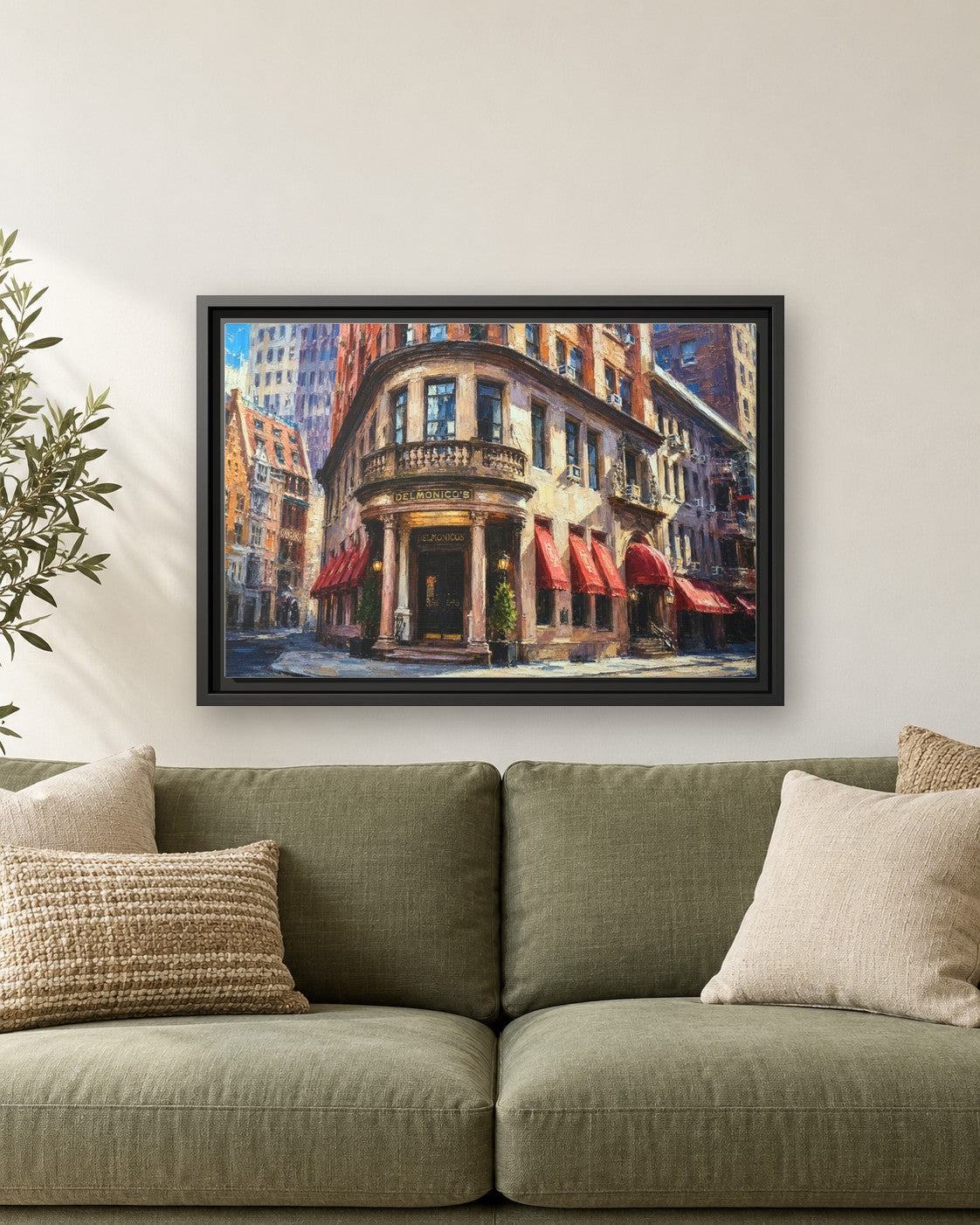 Delmonico's framed canvas print hanging above a sofa