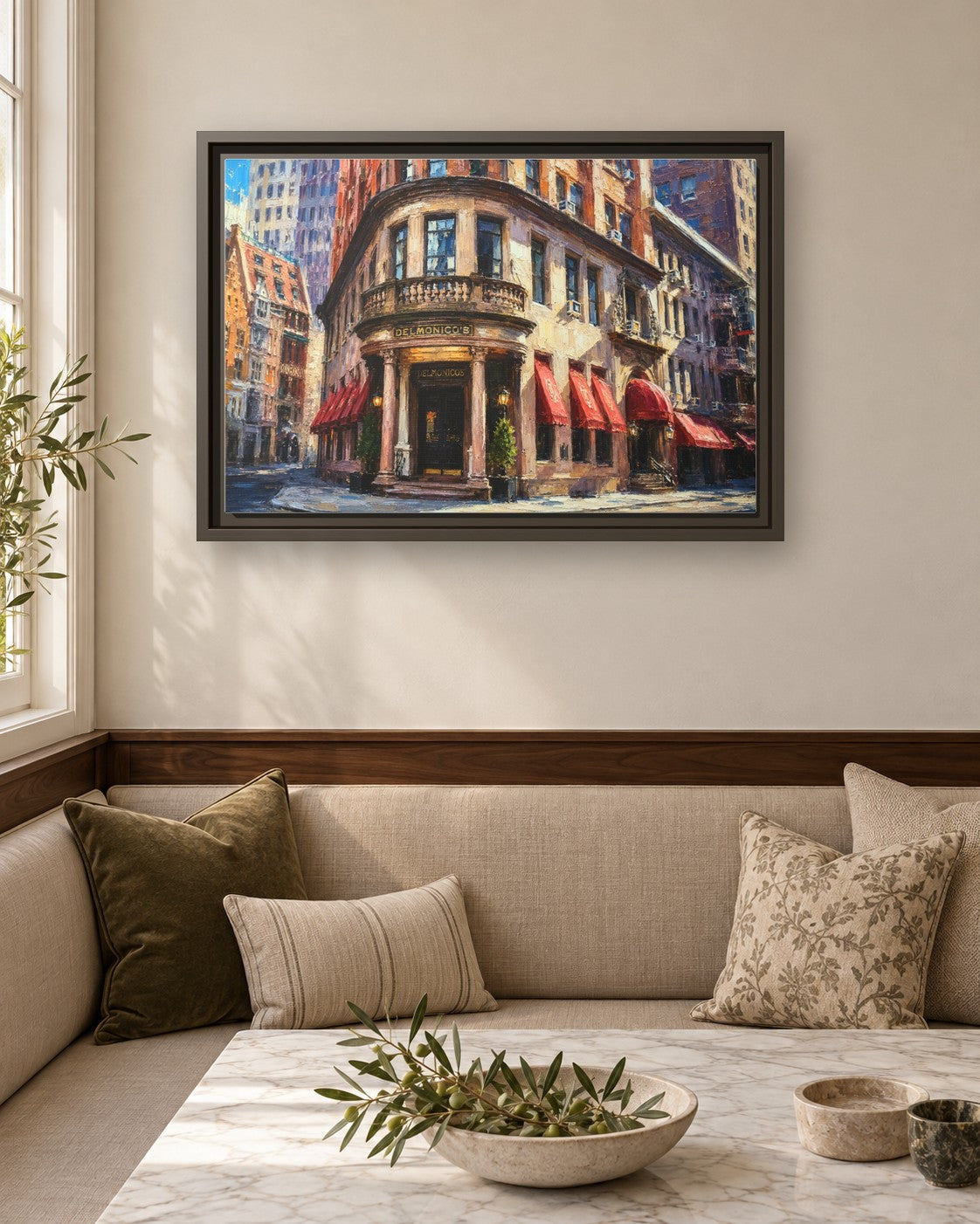 Delmonico's framed canvas print in a breakfast nook