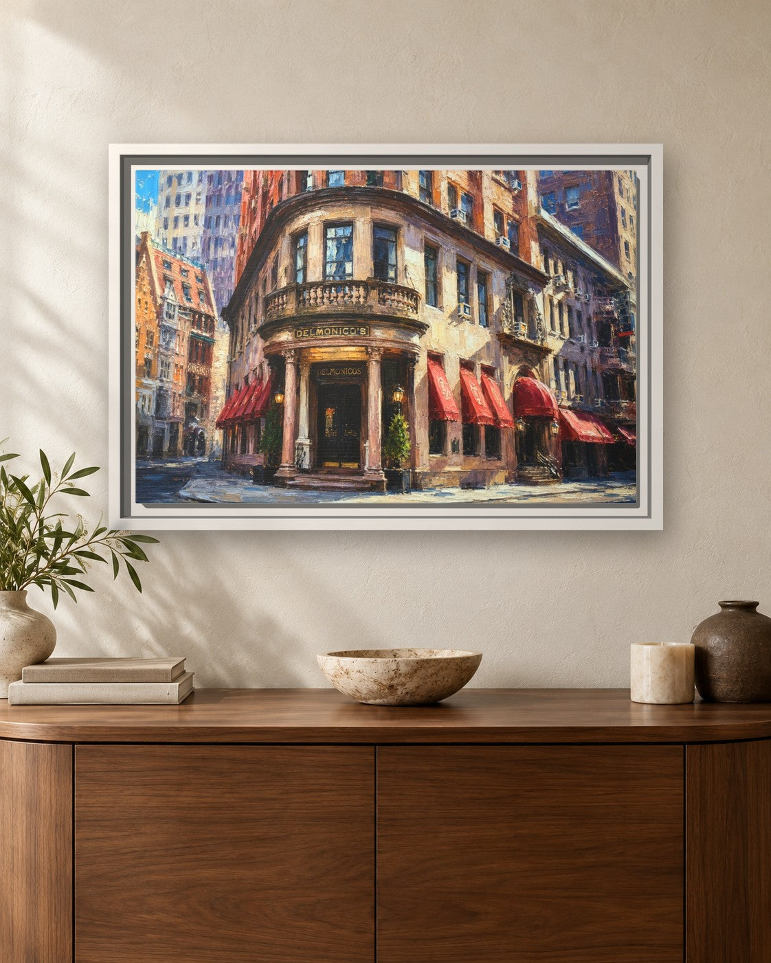 Delmonico's framed canvas print hanging above a sideboard