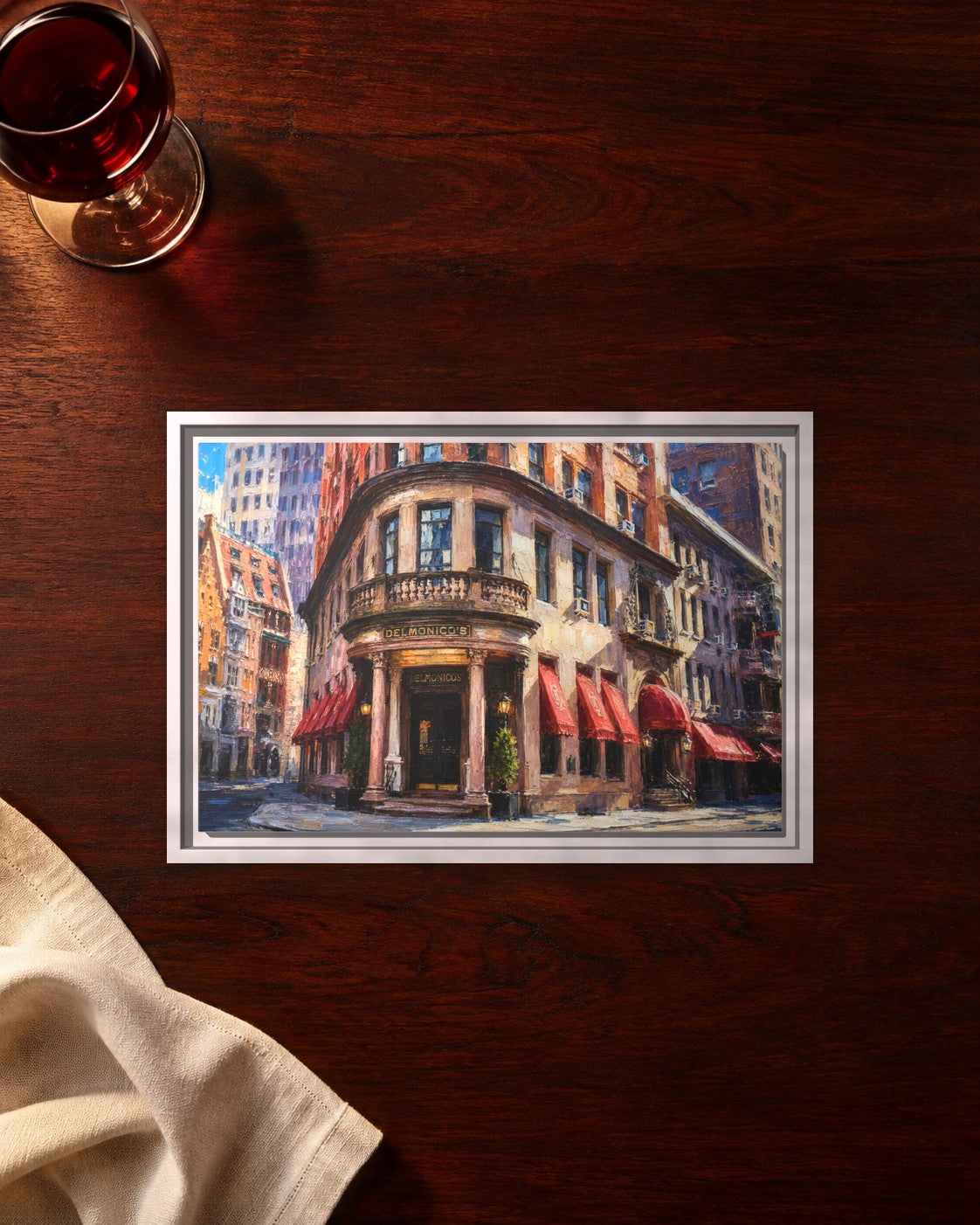 Delmonico's framed canvas print lying on a table