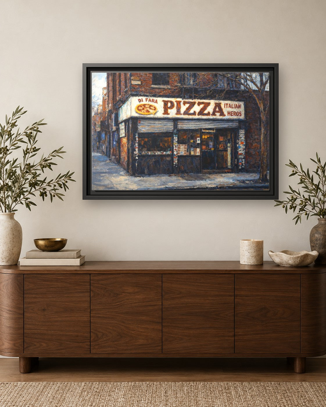 Di Fara Pizza framed canvas print hanging above a credenza