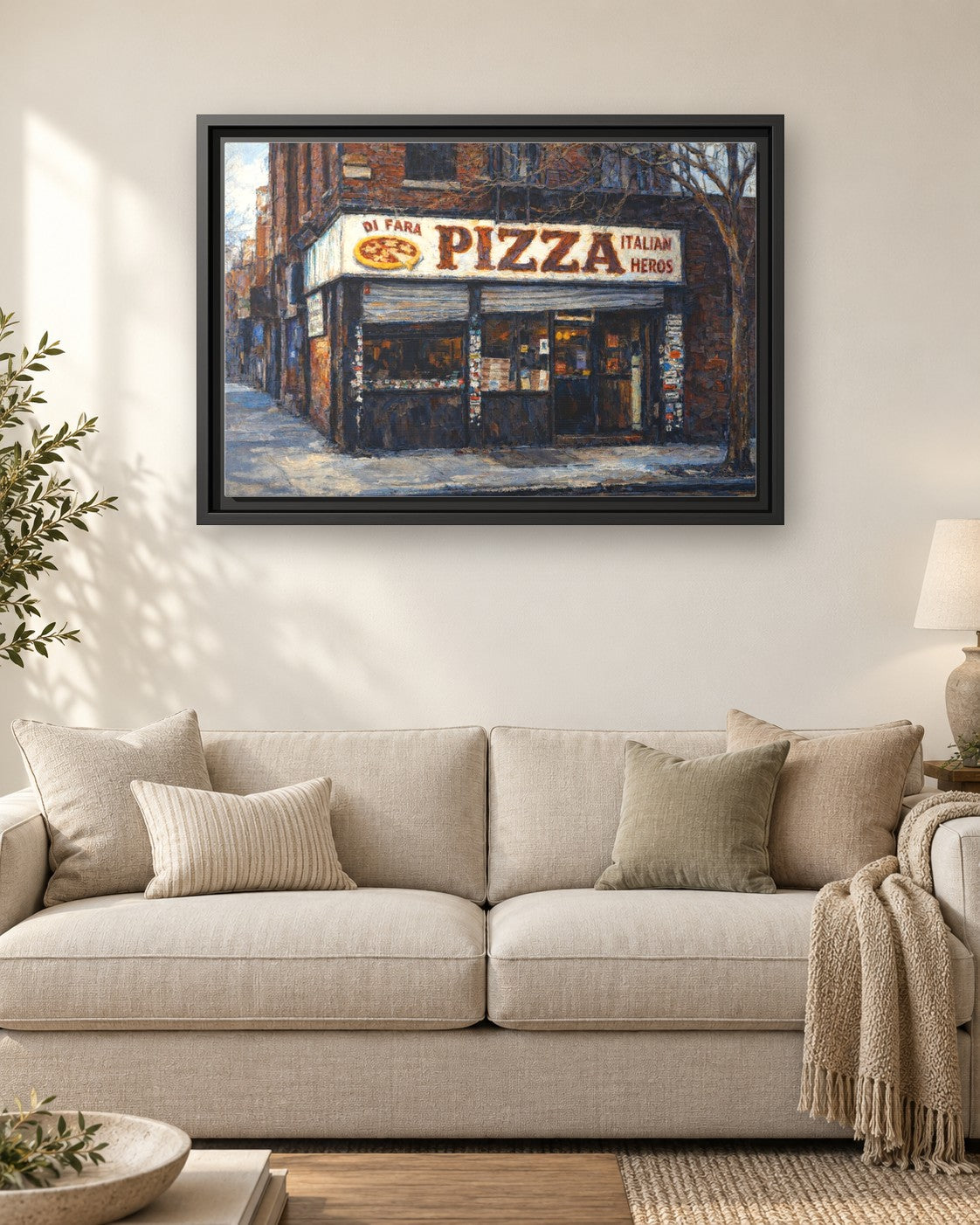 Di Fara Pizza framed canvas print hanging above a sofa