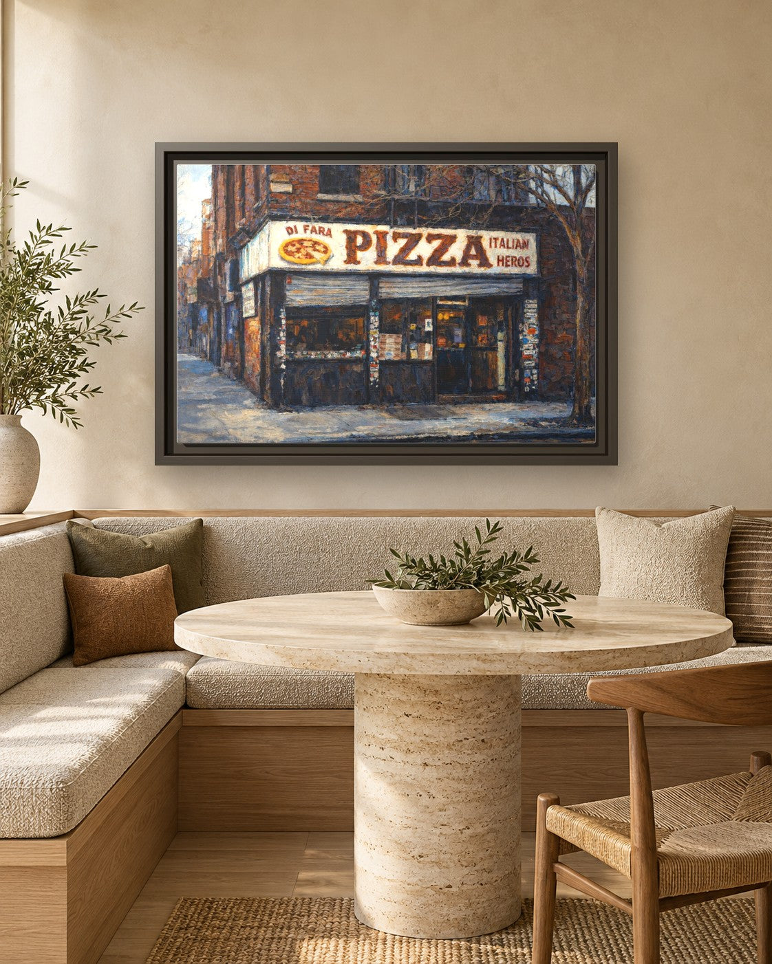 Di Fara Pizza framed canvas print in a breakfast nook