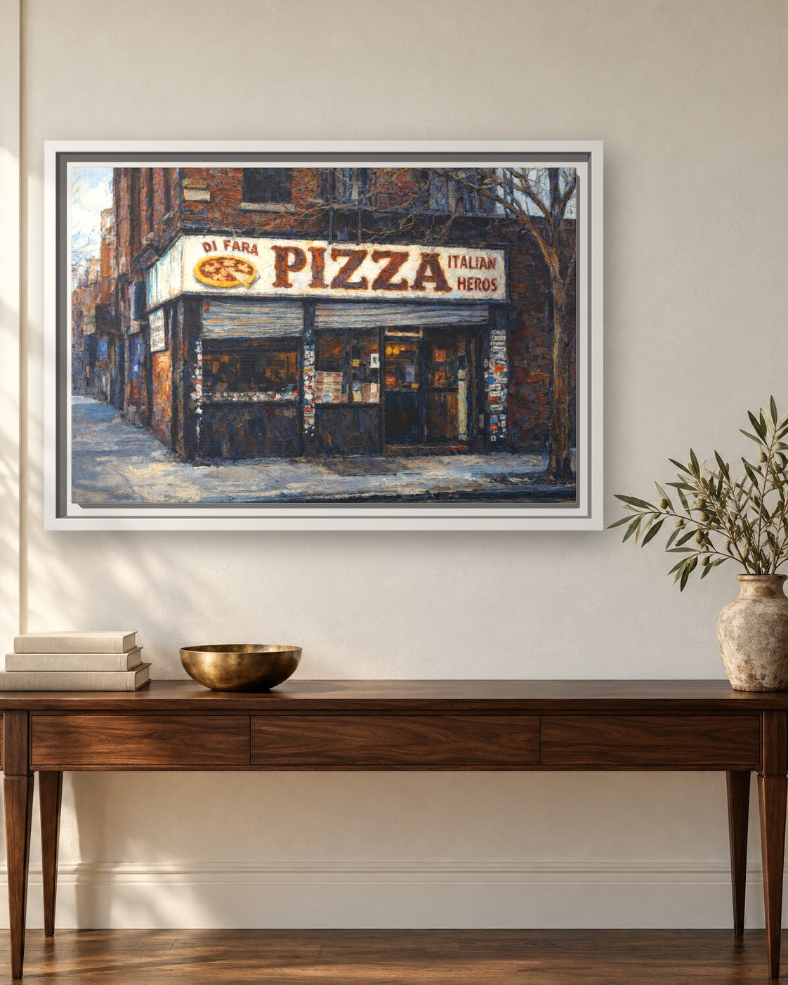 Di Fara Pizza framed canvas print hanging above a sideboard