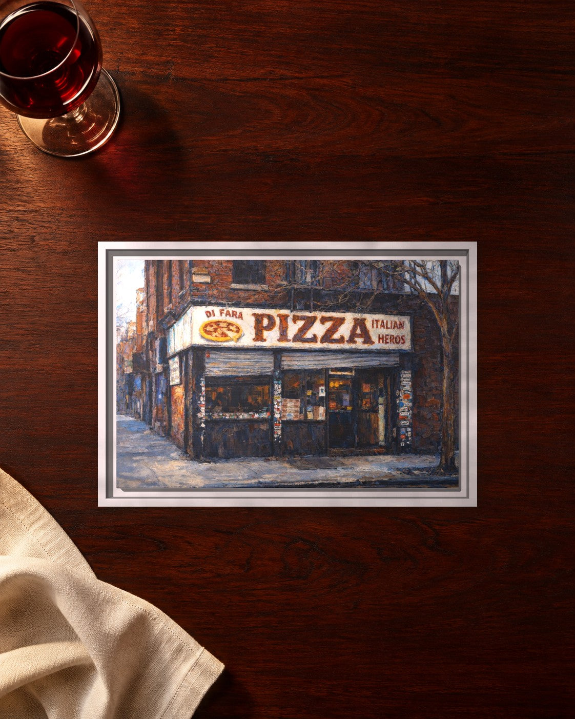 Di Fara Pizza framed canvas print lying on a table