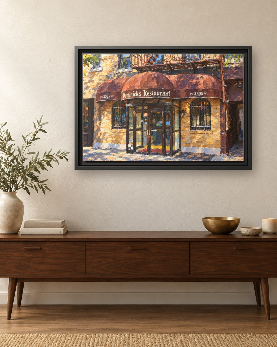 Dominick's Restaurant framed canvas print hanging above a credenza