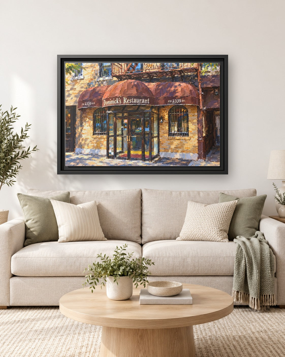 Dominick's Restaurant framed canvas print hanging above a sofa