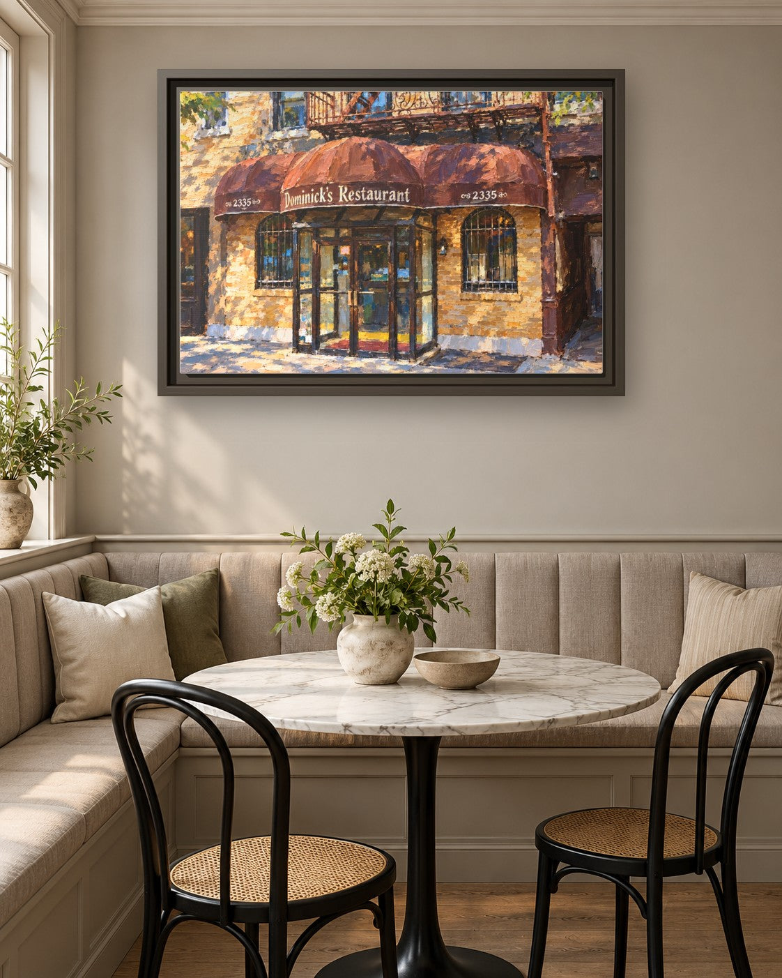 Dominick's Restaurant framed canvas print in a breakfast nook