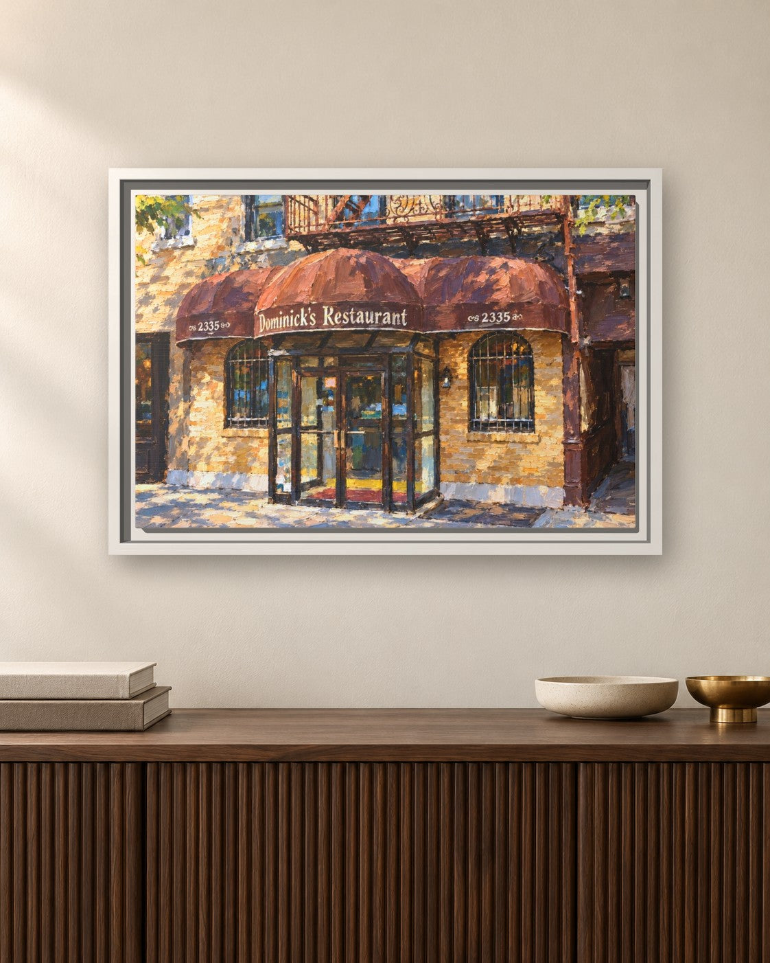 Dominick's Restaurant framed canvas print hanging above a sideboard
