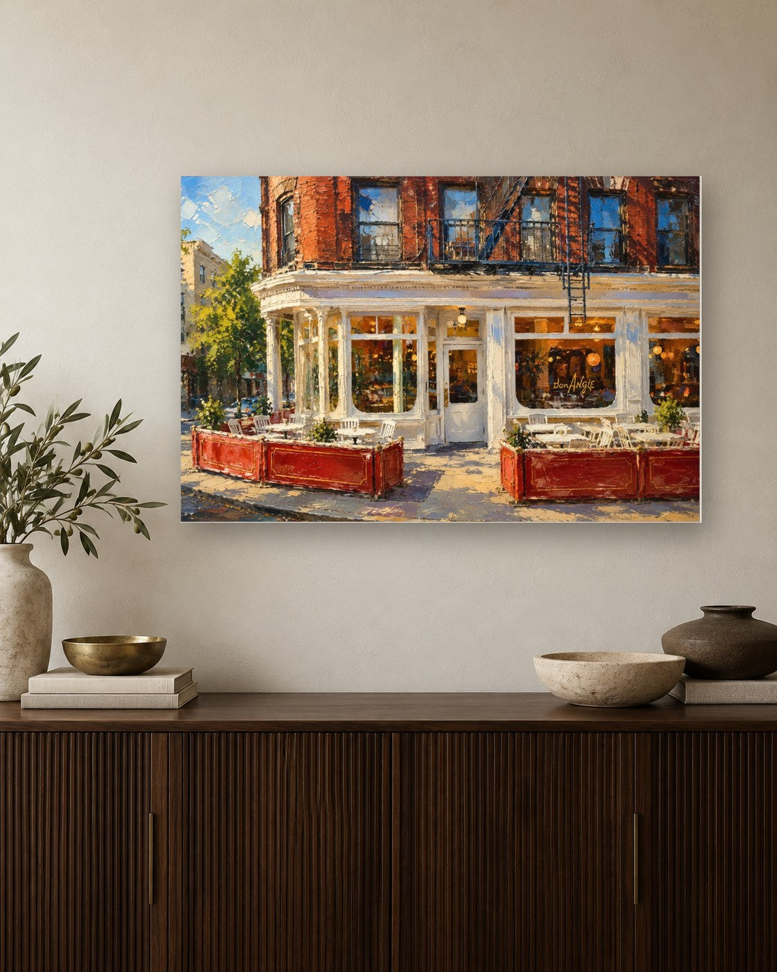 Don Angie framed canvas print hanging above a credenza