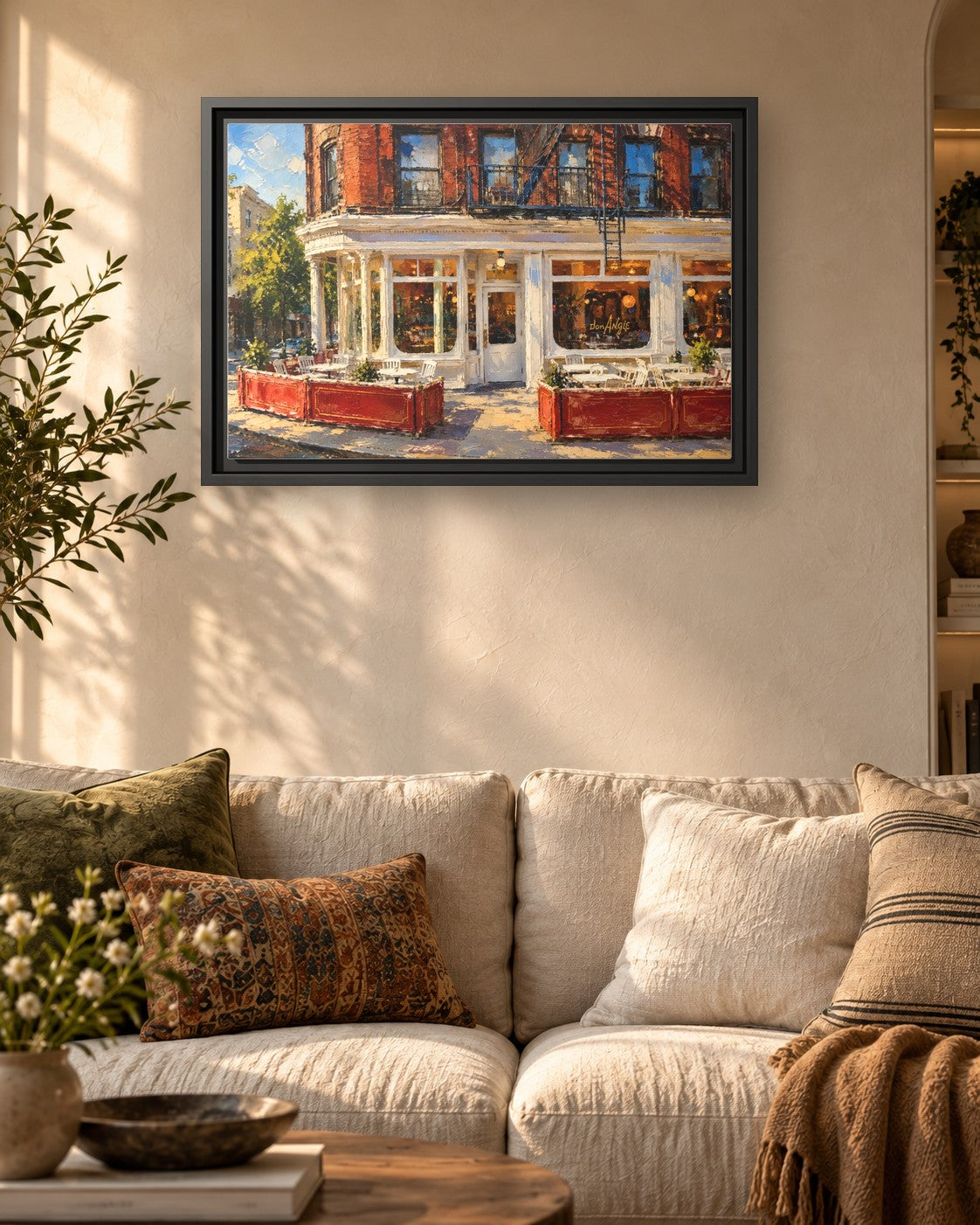 Don Angie framed canvas print hanging above a sofa