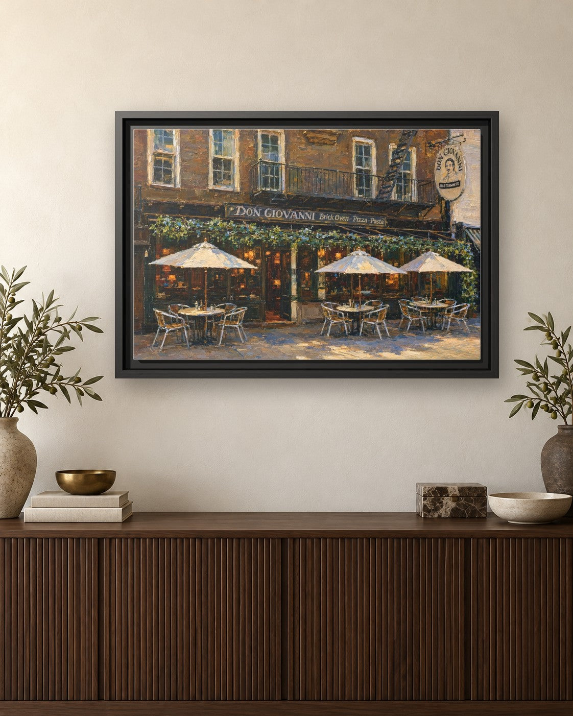 Don Giovanni framed canvas print hanging above a credenza