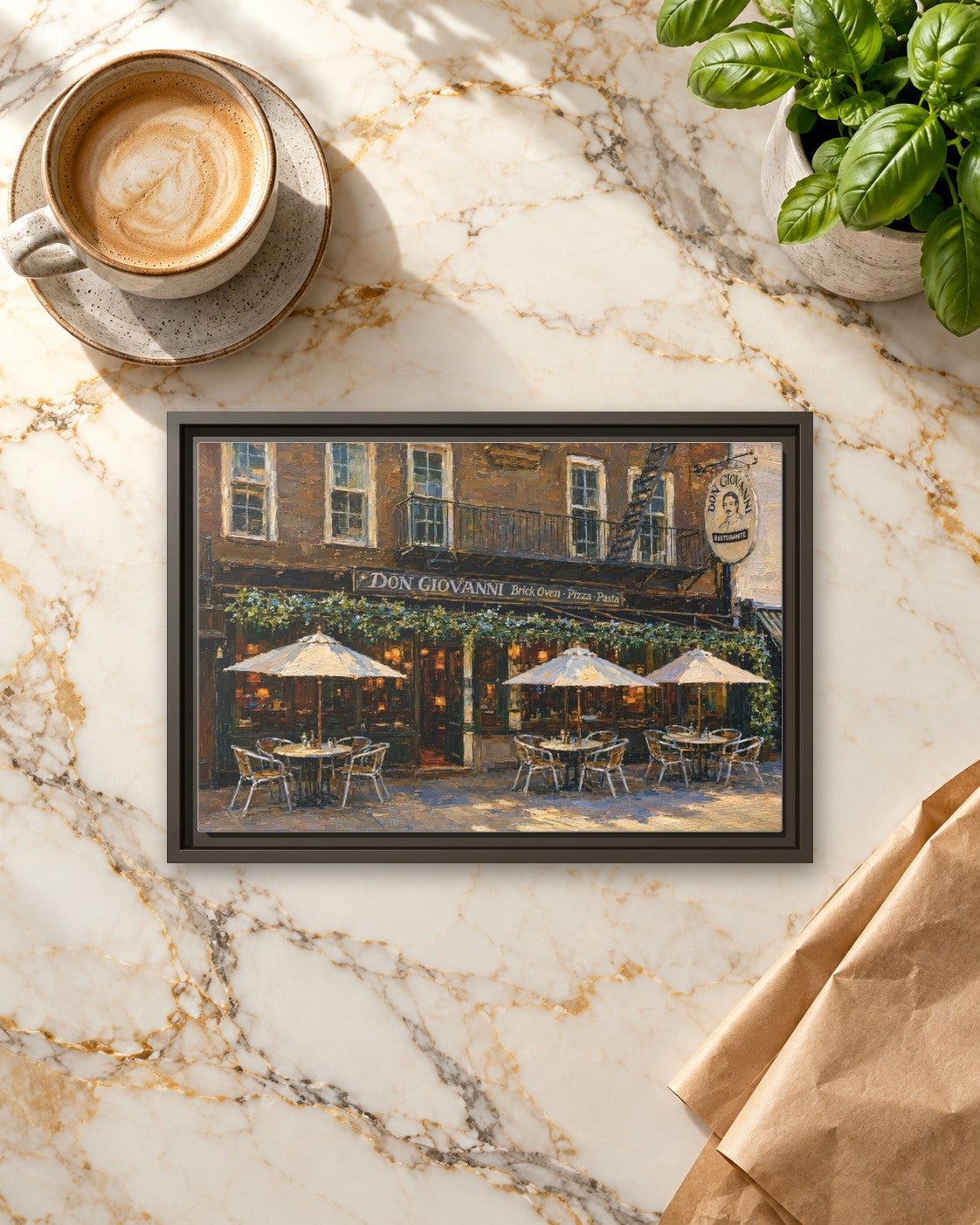 Don Giovanni framed canvas print lying on a table