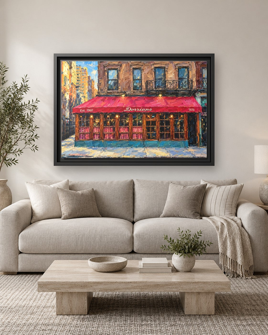Dorrian's Red Hand framed canvas print hanging above a sofa