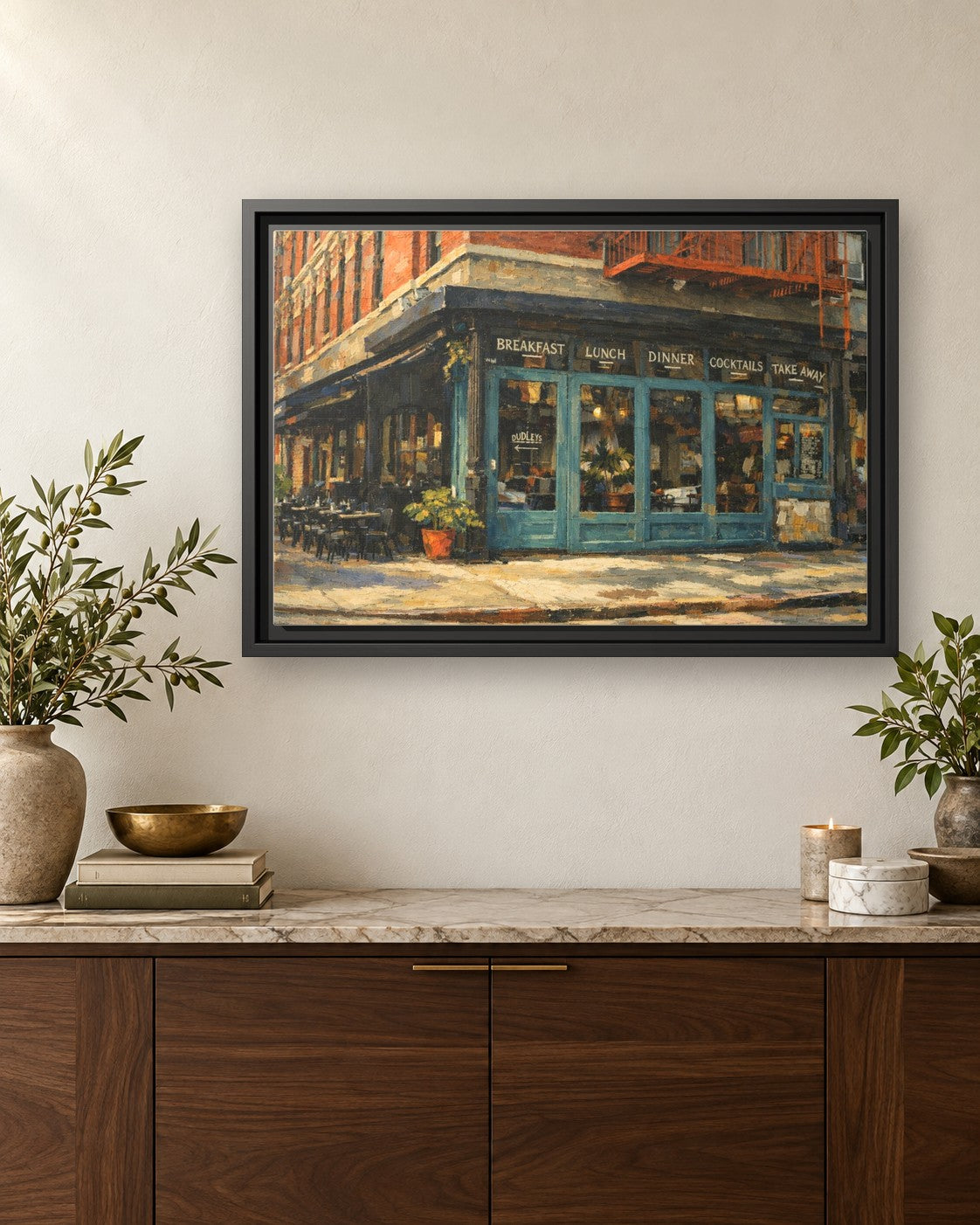 Dudleys framed canvas print hanging above a credenza