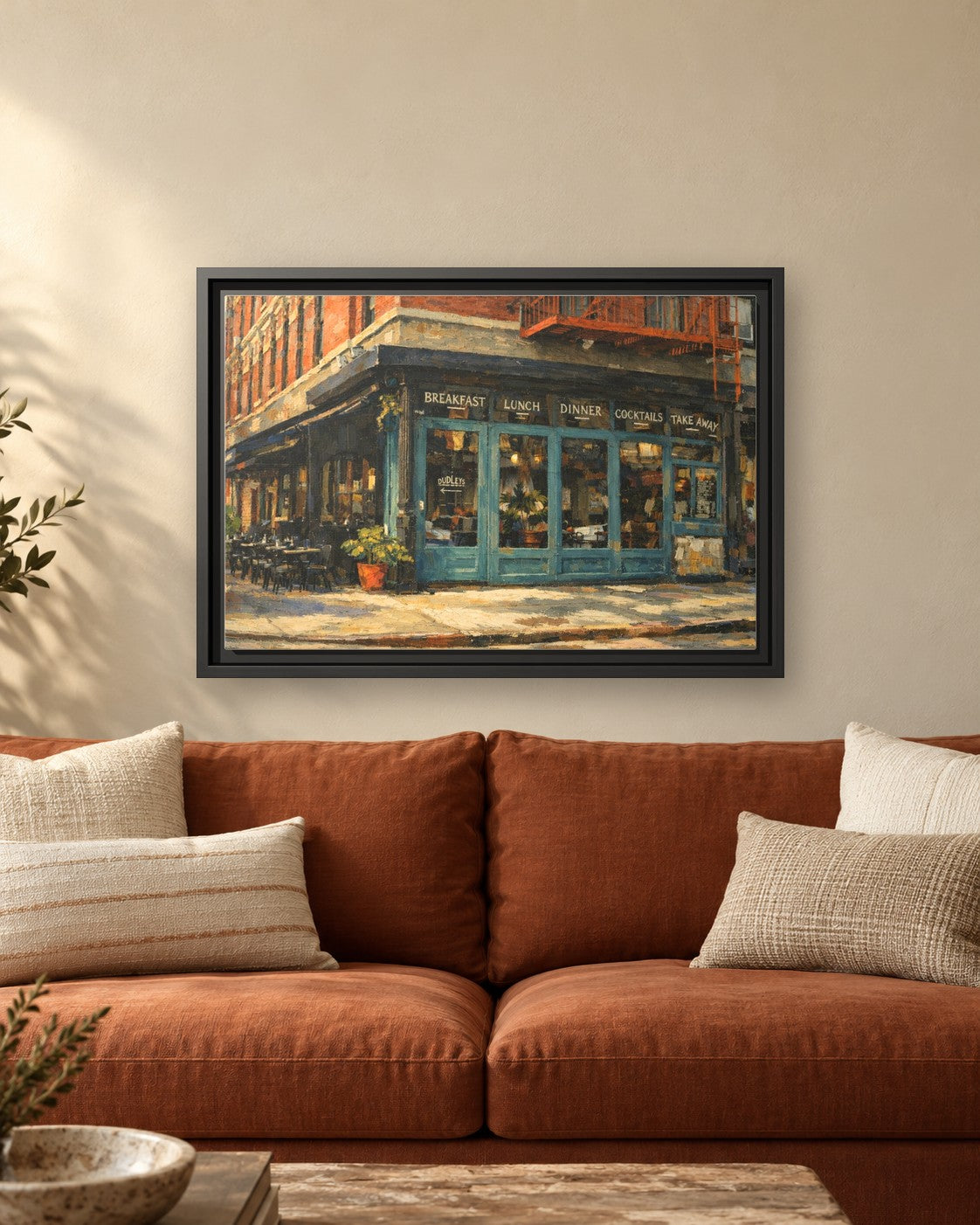 Dudleys framed canvas print hanging above a sofa