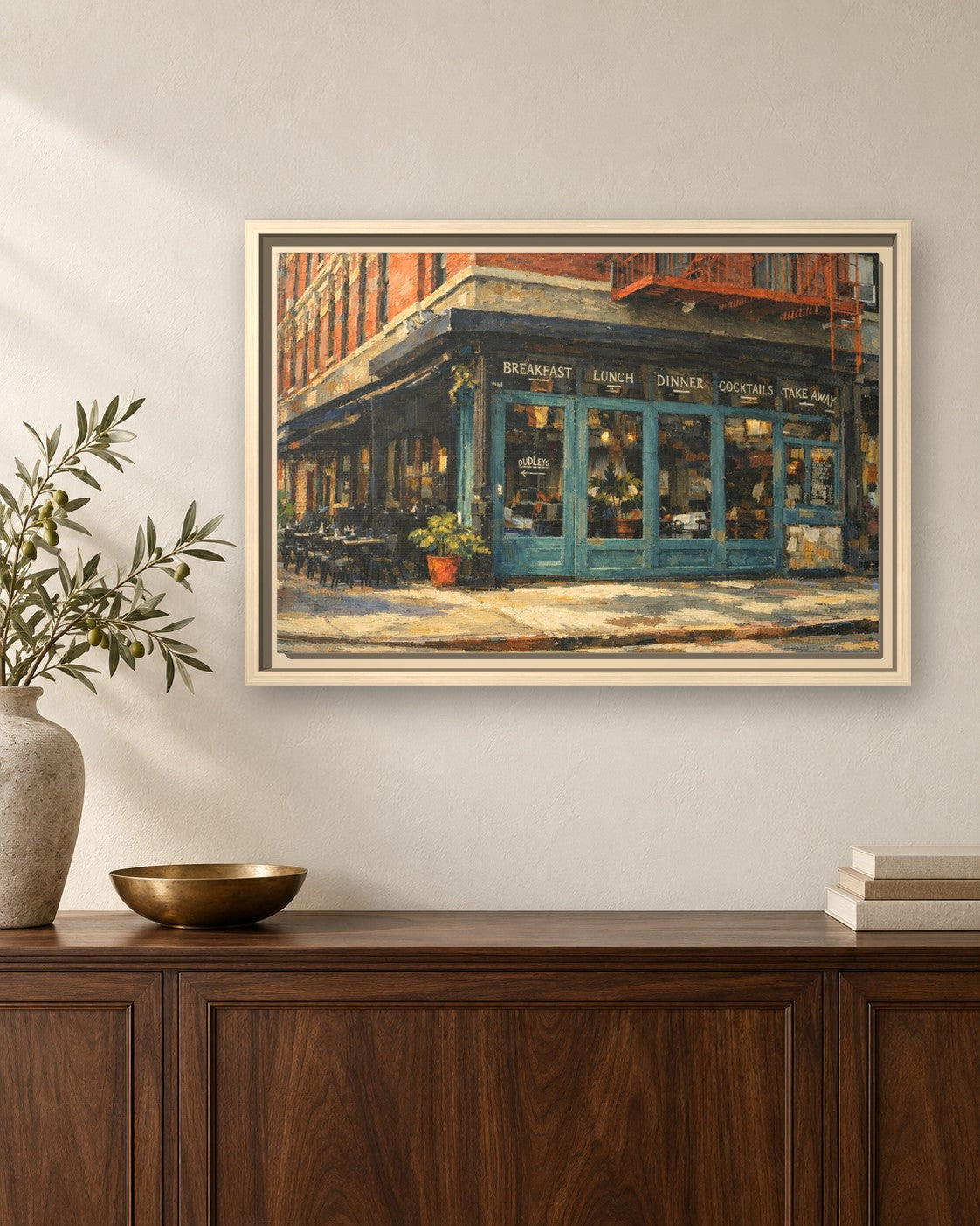 Dudleys framed canvas print hanging above a sideboard