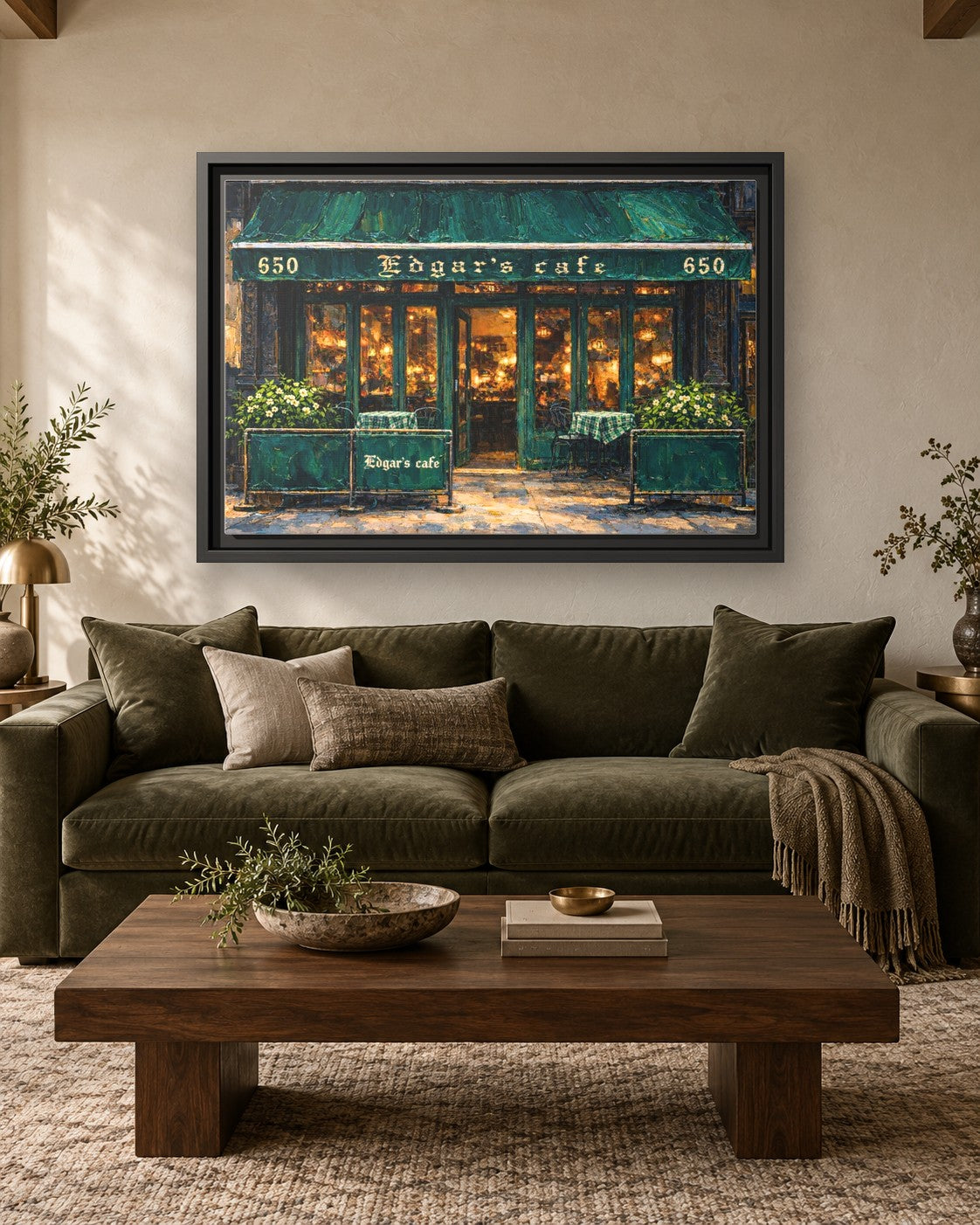 Edgar's Cafe framed canvas print hanging above a sofa