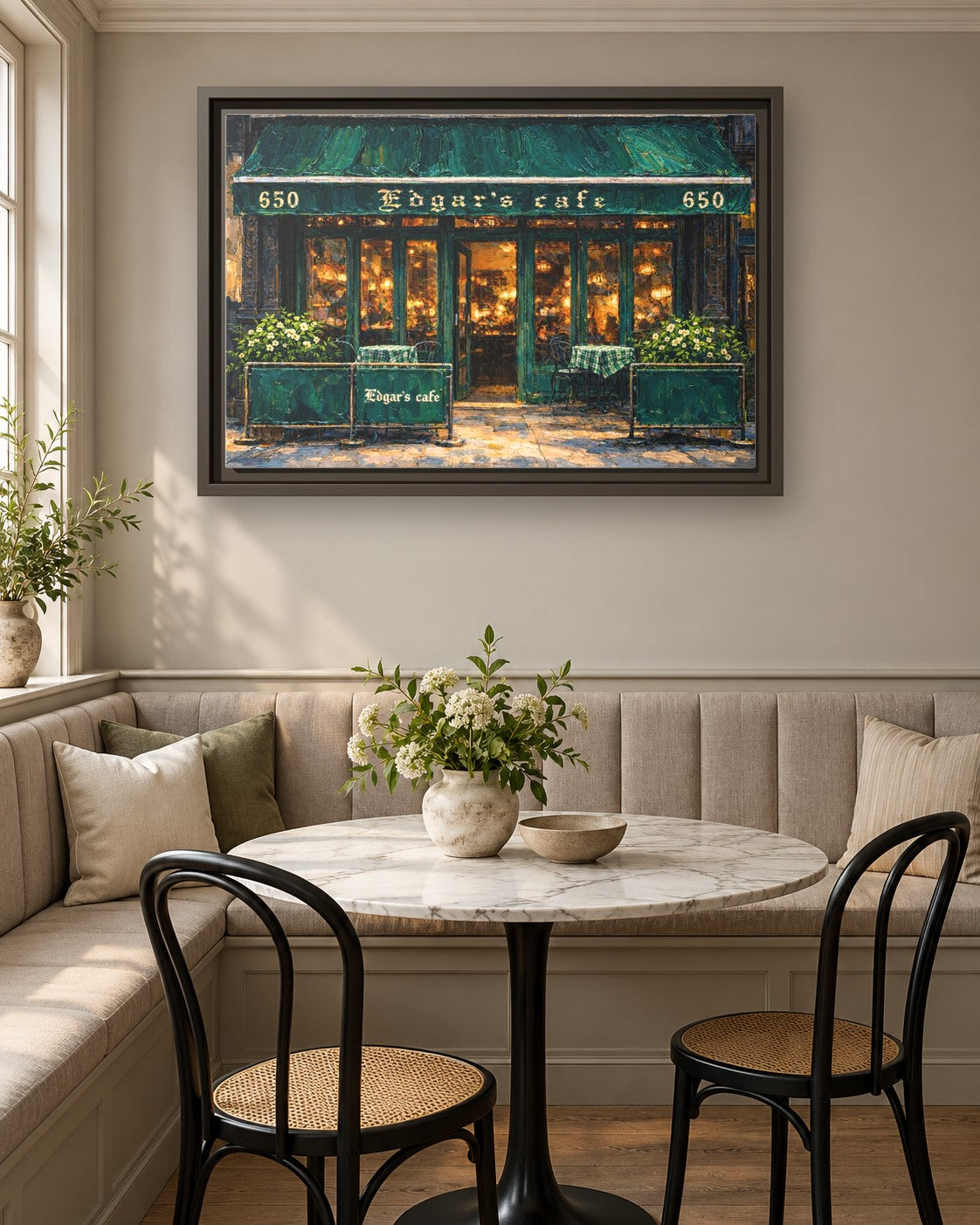 Edgar's Cafe framed canvas print in a breakfast nook