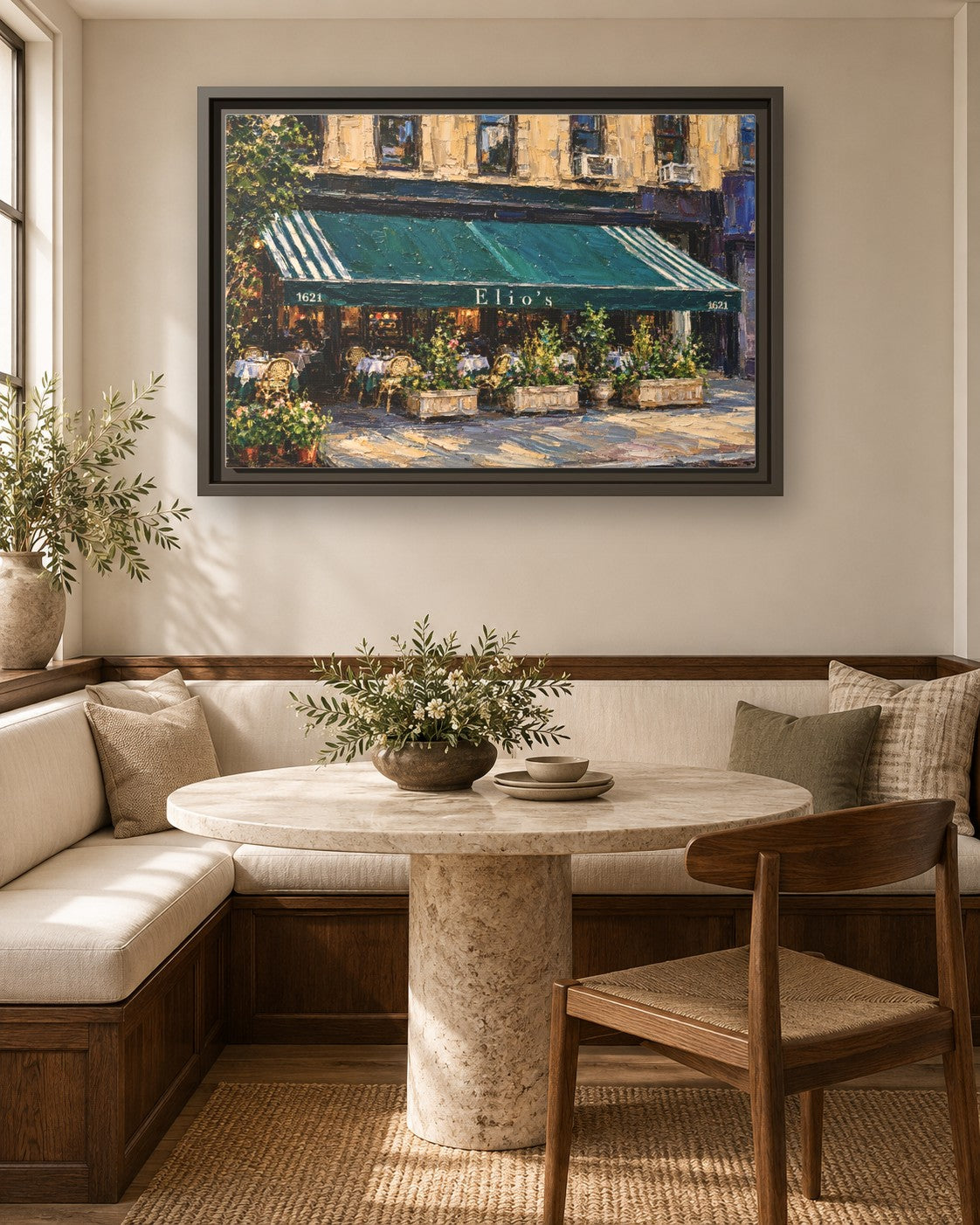 Elio's framed canvas print in a breakfast nook