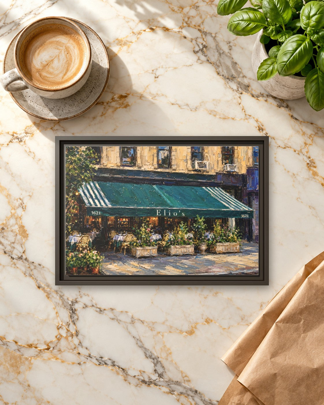Elio's framed canvas print lying on a table