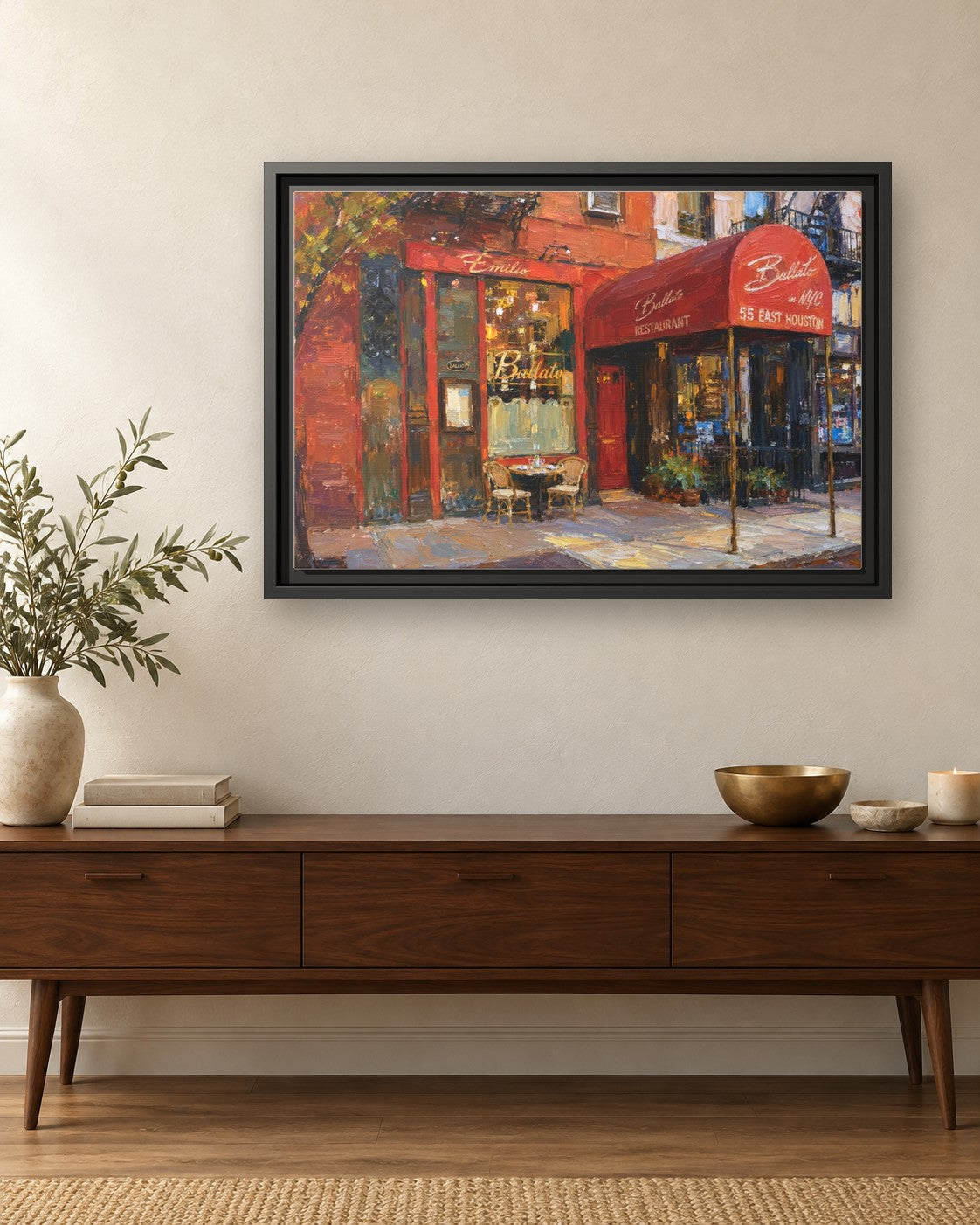 Emilio's Ballato framed canvas print hanging above a credenza