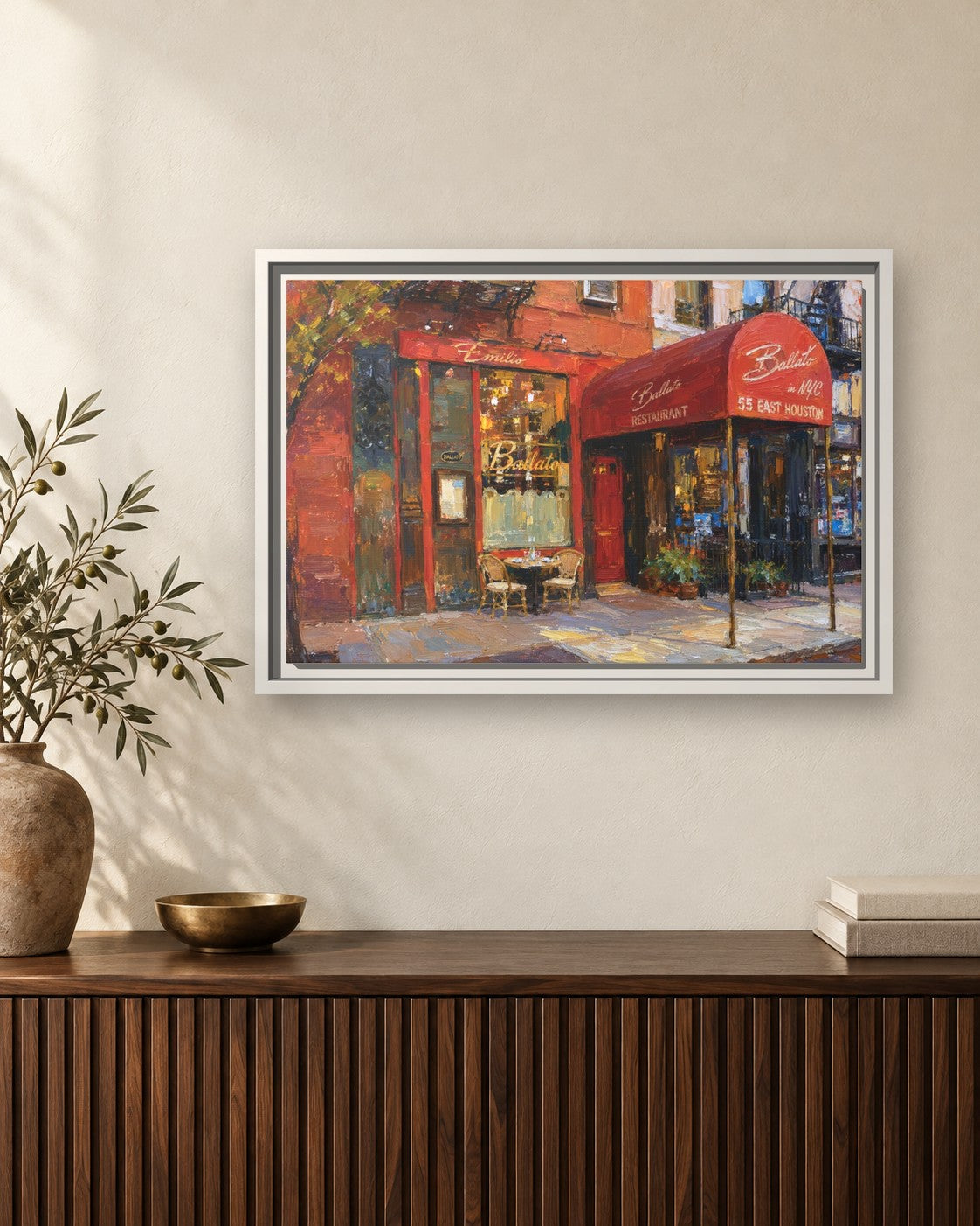Emilio's Ballato framed canvas print hanging above a sideboard