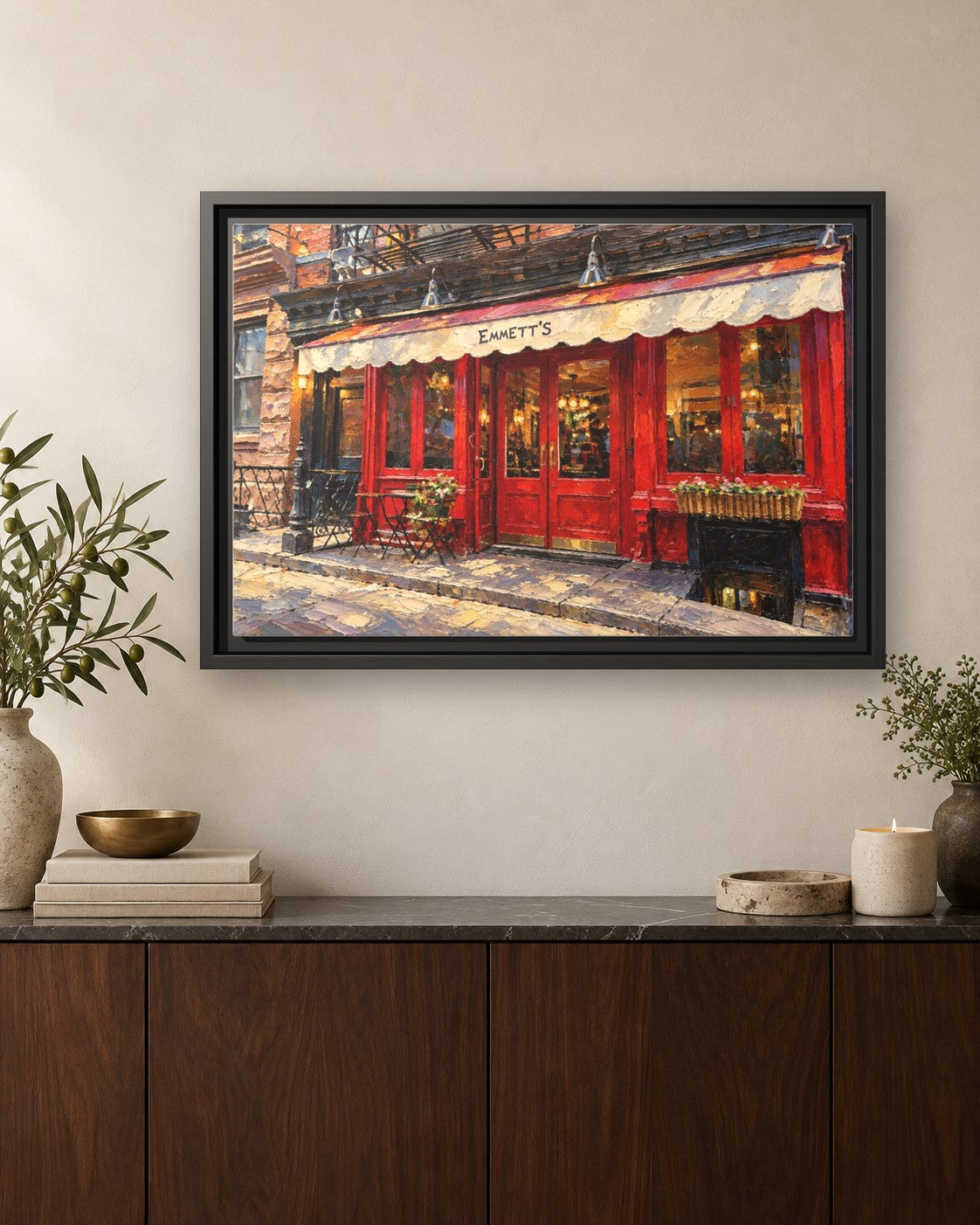 Emmett's framed canvas print hanging above a credenza
