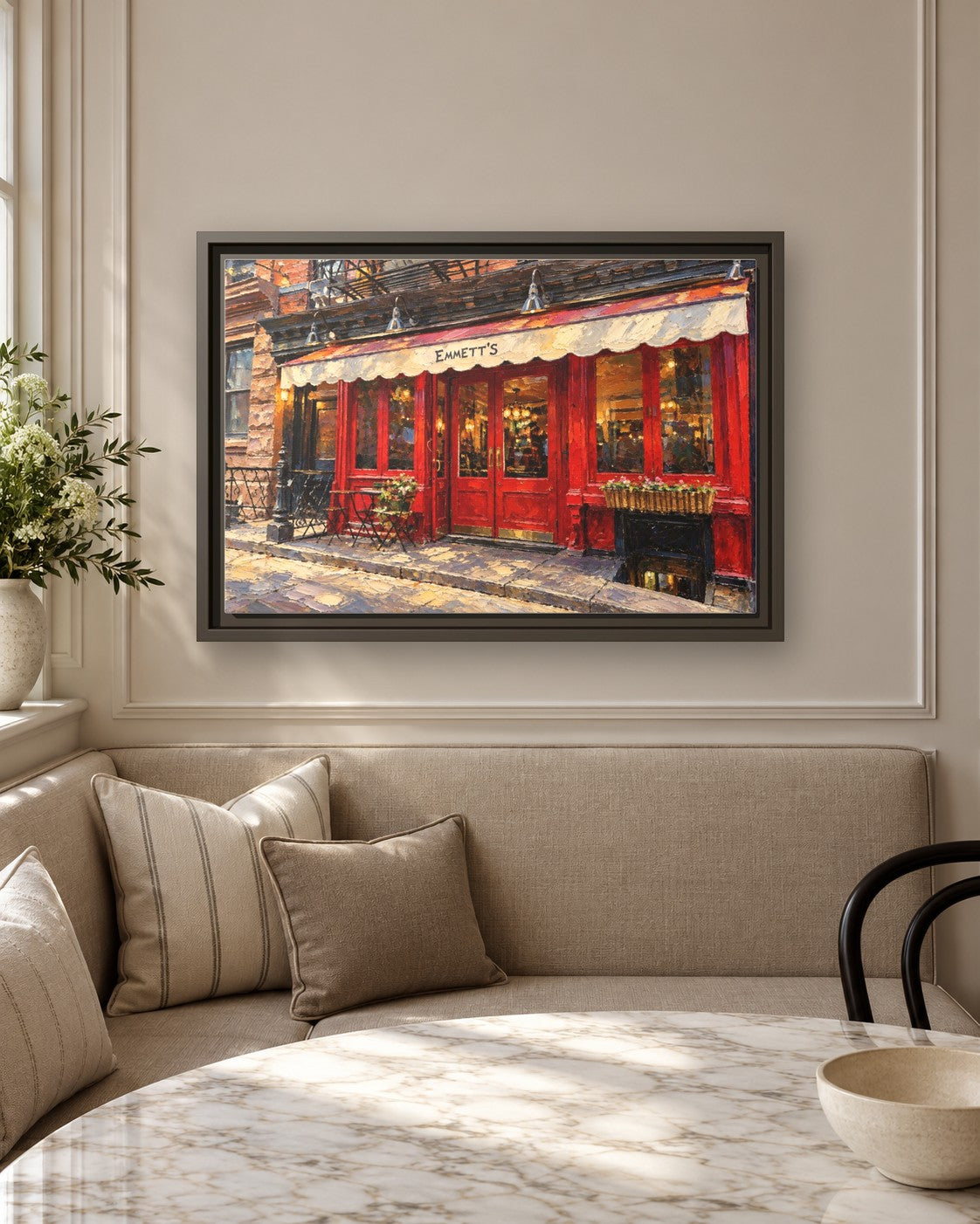 Emmett's framed canvas print in a breakfast nook