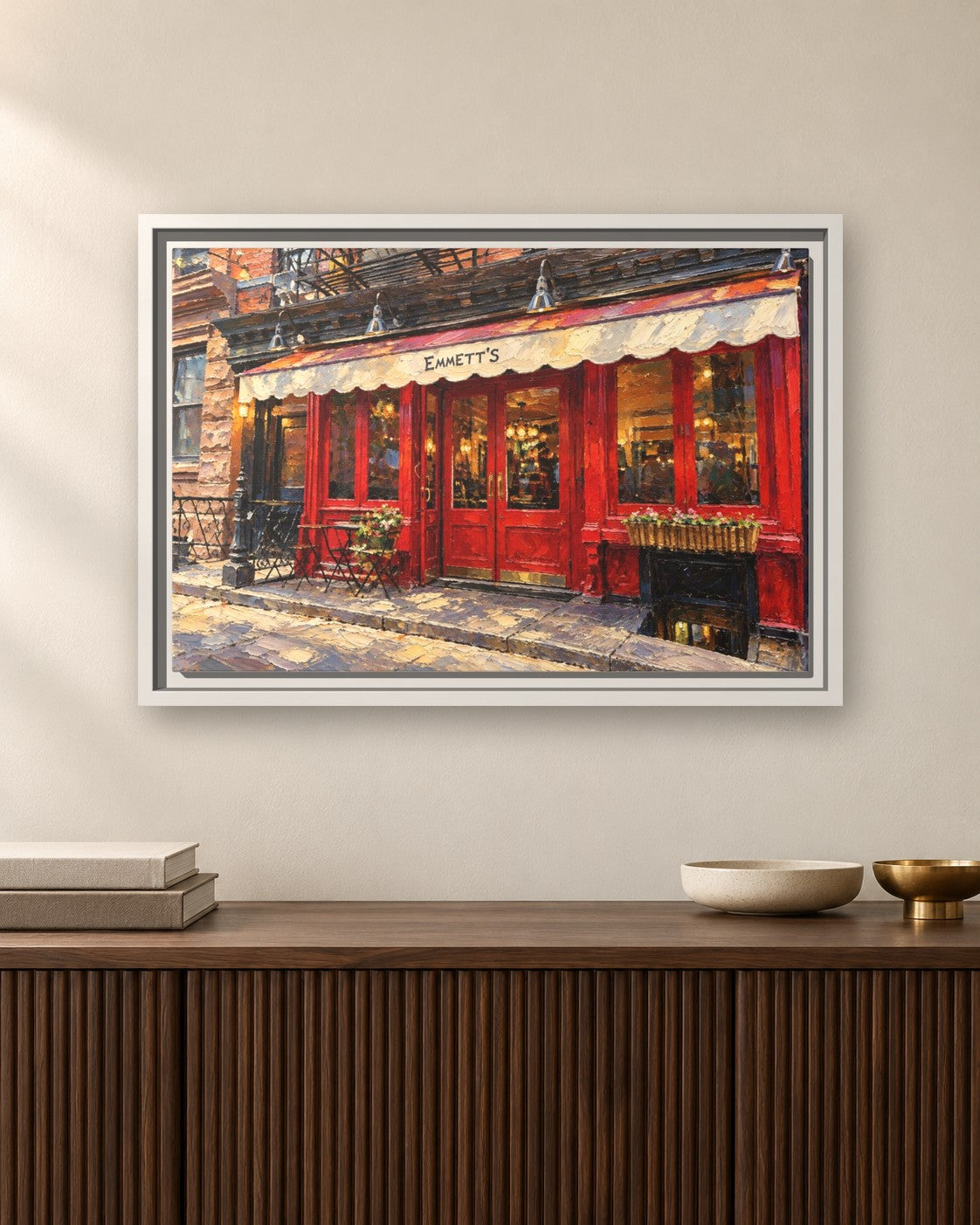 Emmett's framed canvas print hanging above a sideboard