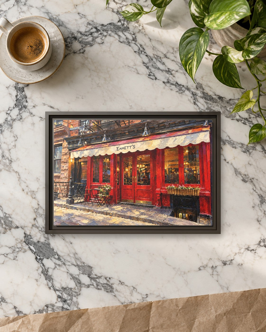 Emmett's framed canvas print lying on a table