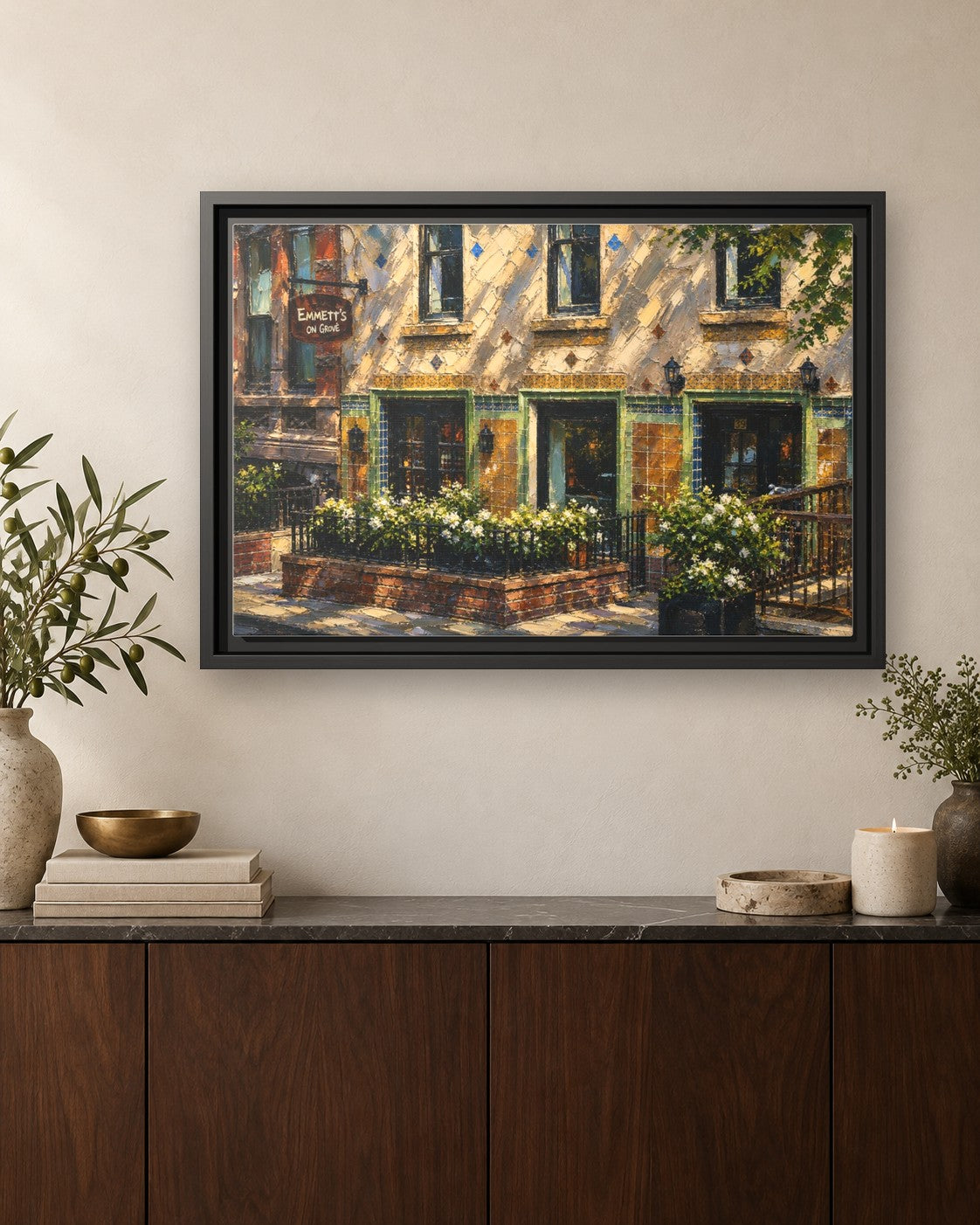 Emmett's on Grove framed canvas print hanging above a credenza