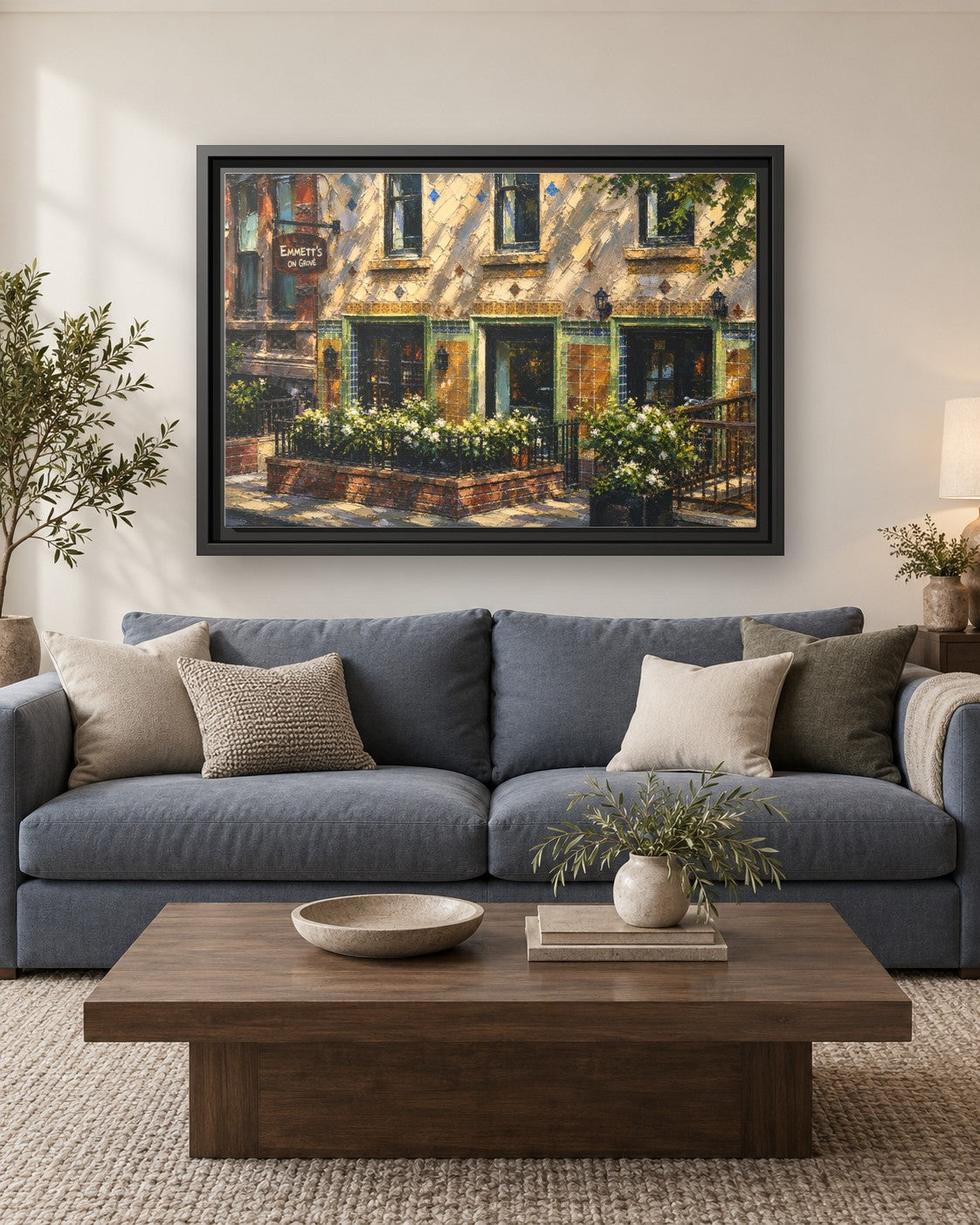 Emmett's on Grove framed canvas print hanging above a sofa