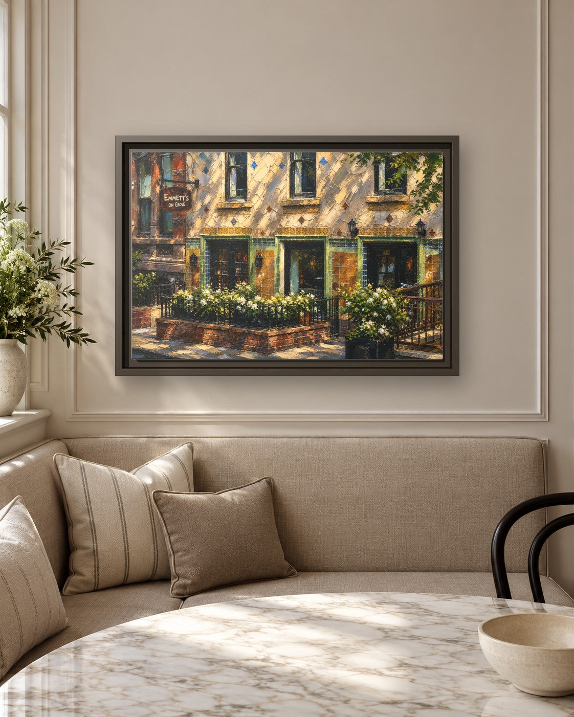 Emmett's on Grove framed canvas print in a breakfast nook