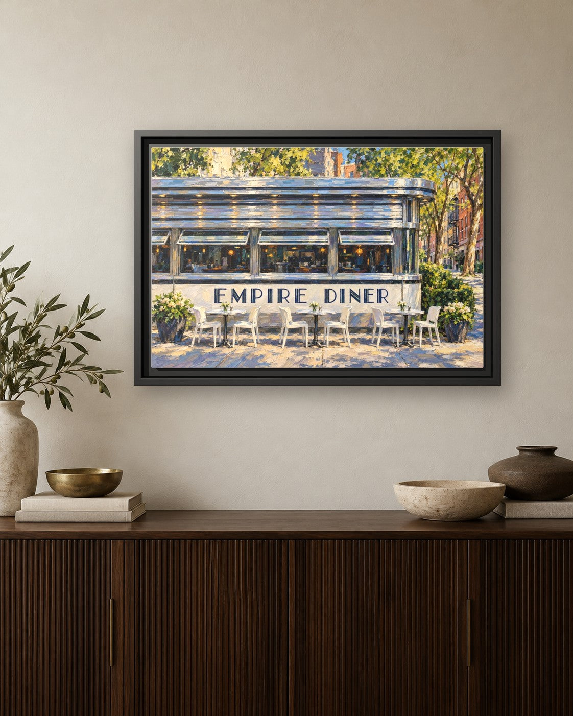 Empire Diner framed canvas print hanging above a credenza