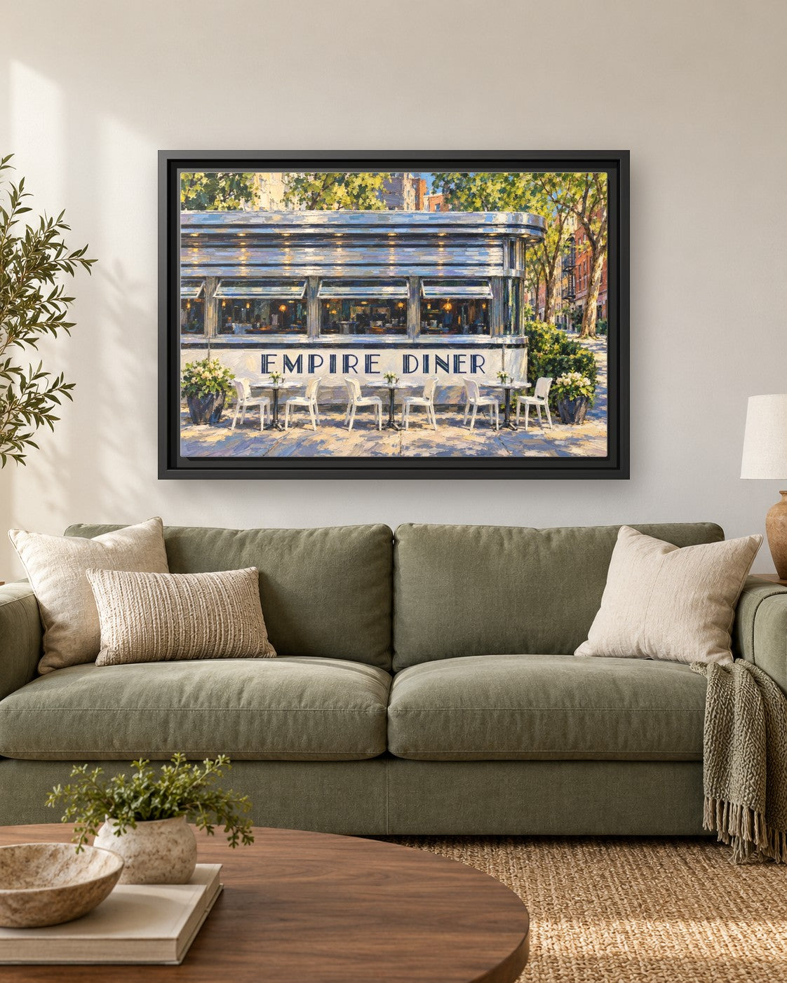 Empire Diner framed canvas print hanging above a sofa