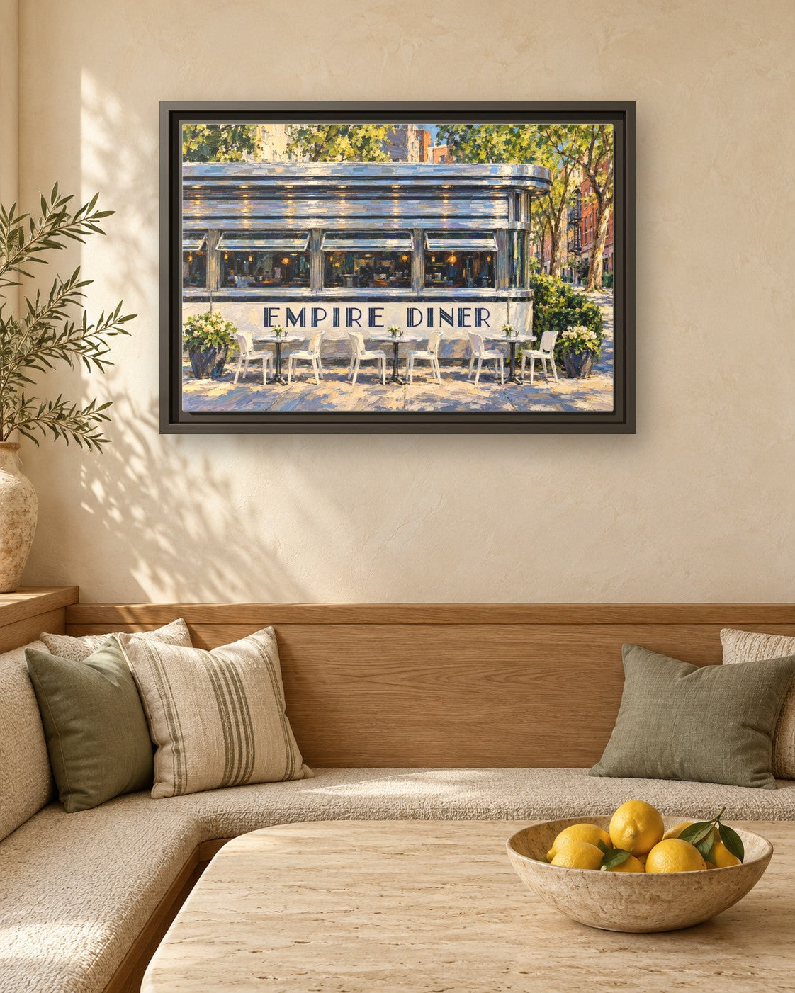 Empire Diner framed canvas print in a breakfast nook