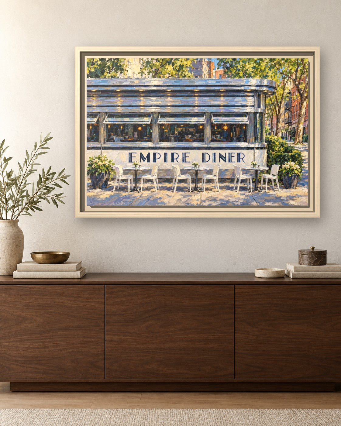 Empire Diner framed canvas print hanging above a sideboard
