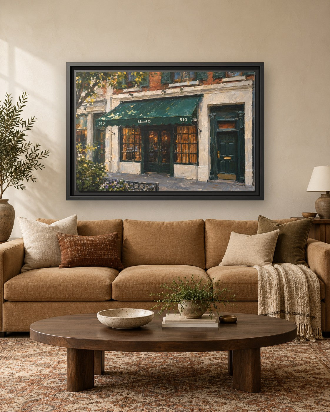 Employees Only framed canvas print hanging above a sofa