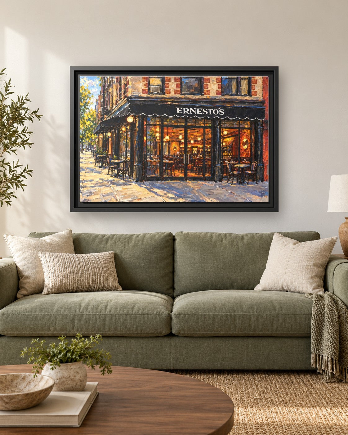Ernesto's framed canvas print hanging above a sofa