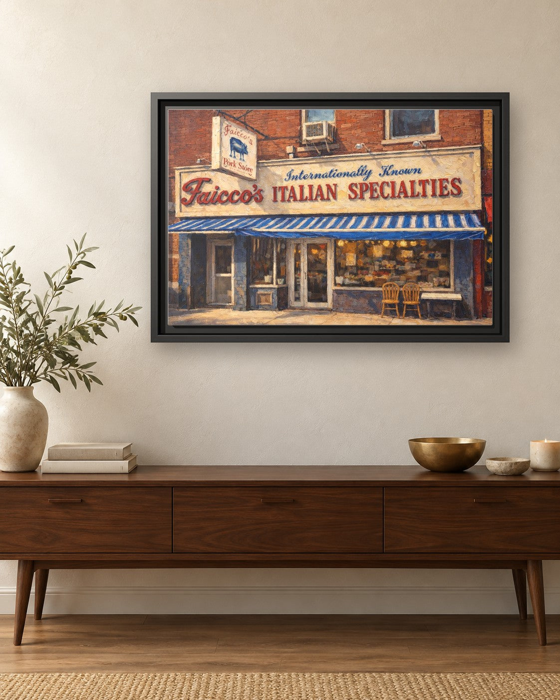Faicco’s Italian Specialties framed canvas print hanging above a credenza
