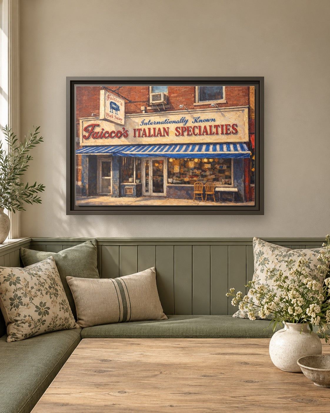 Faicco’s Italian Specialties framed canvas print in a breakfast nook