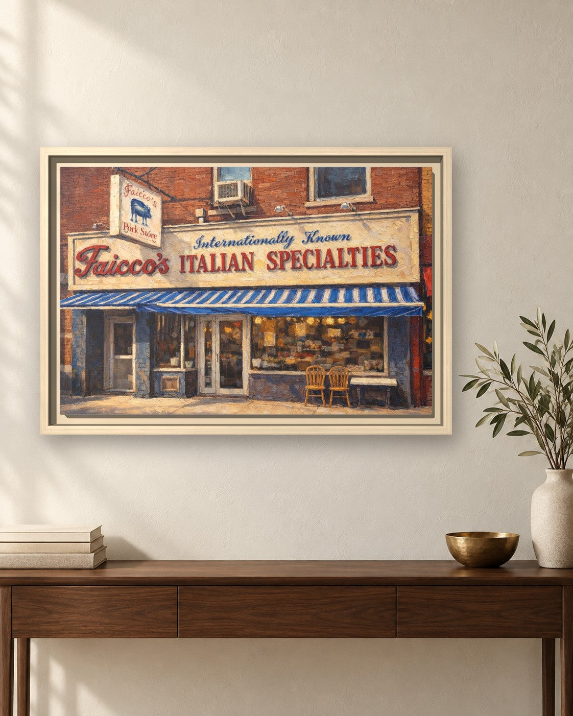 Faicco’s Italian Specialties framed canvas print hanging above a sideboard