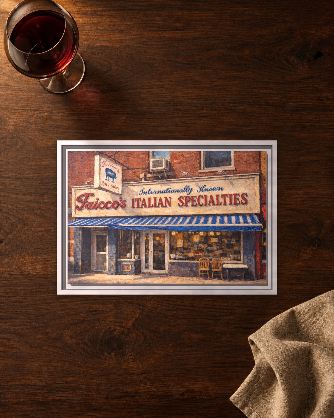 Faicco’s Italian Specialties framed canvas print lying on a table