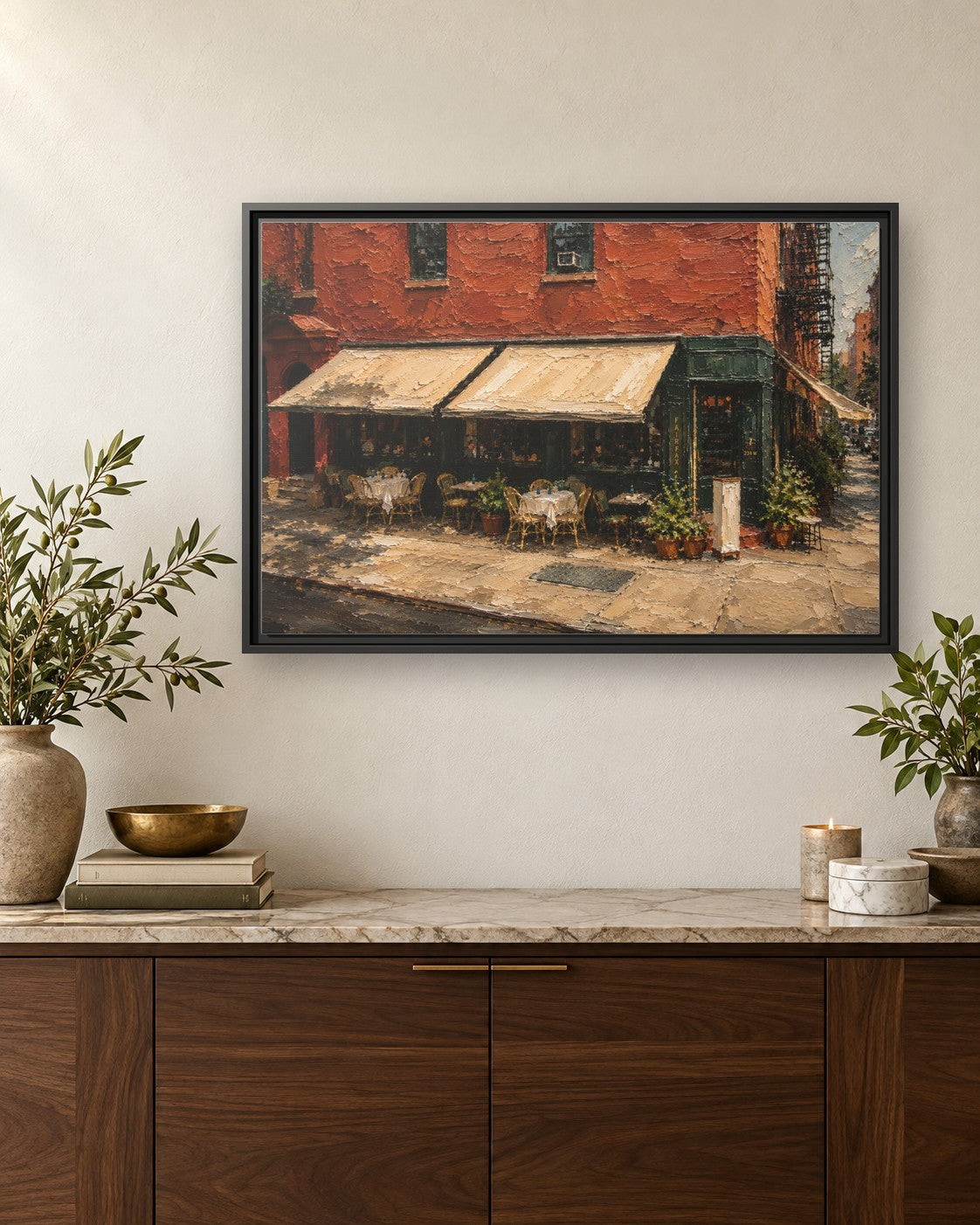 Fairfax framed canvas print hanging above a credenza