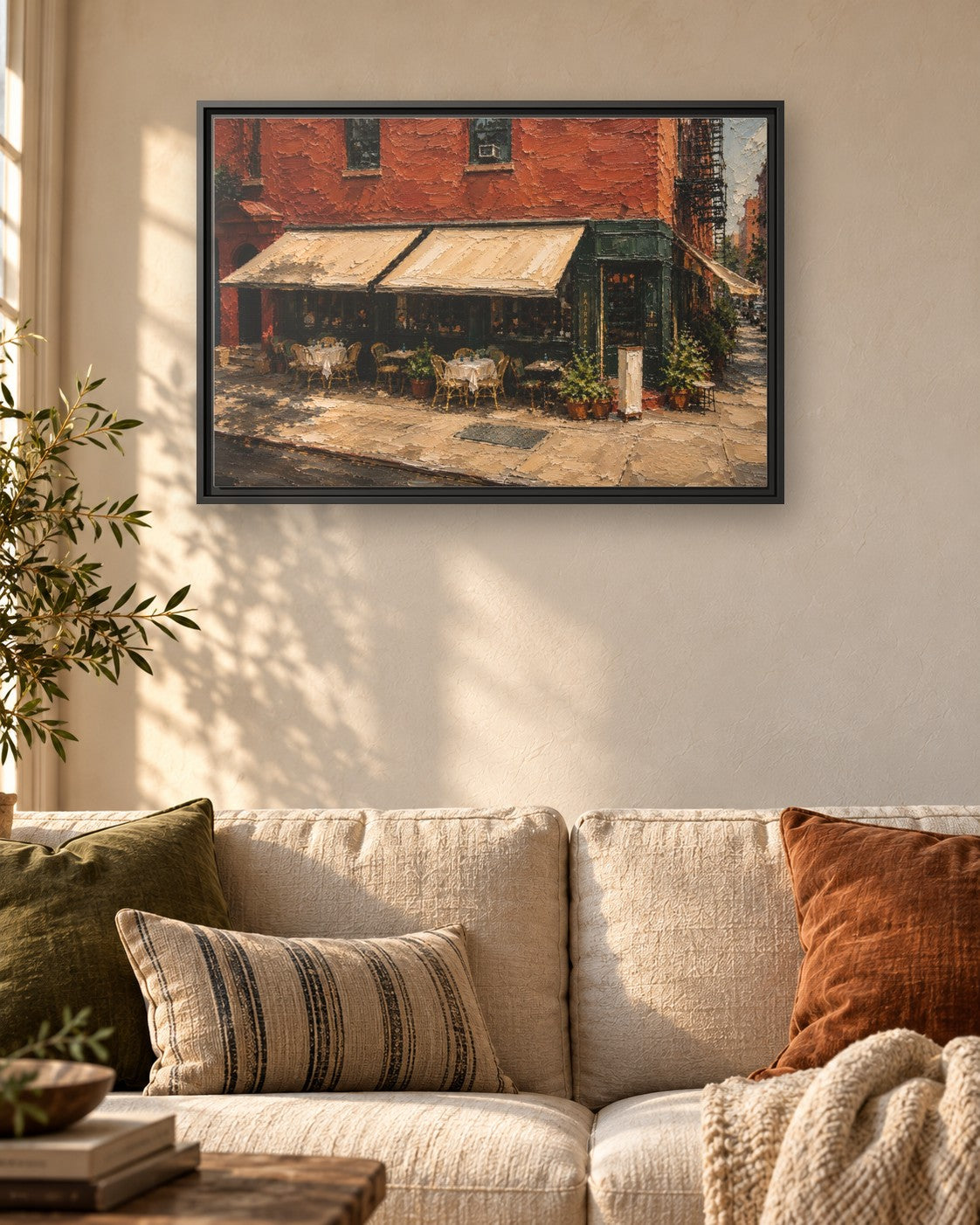 Fairfax framed canvas print hanging above a sofa